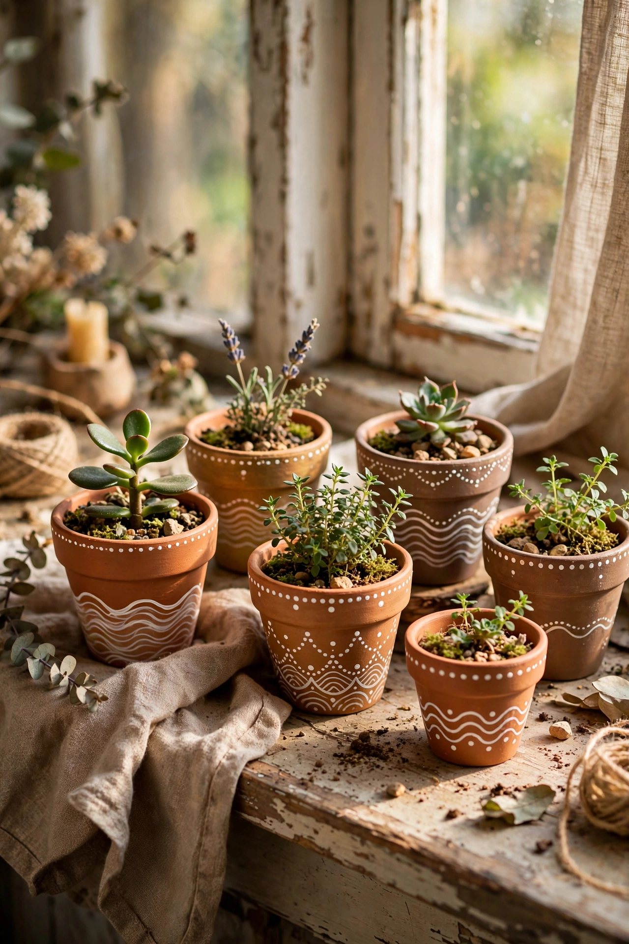 Terracotta pots painted in burnt orange, ochre and sage with simple patterns