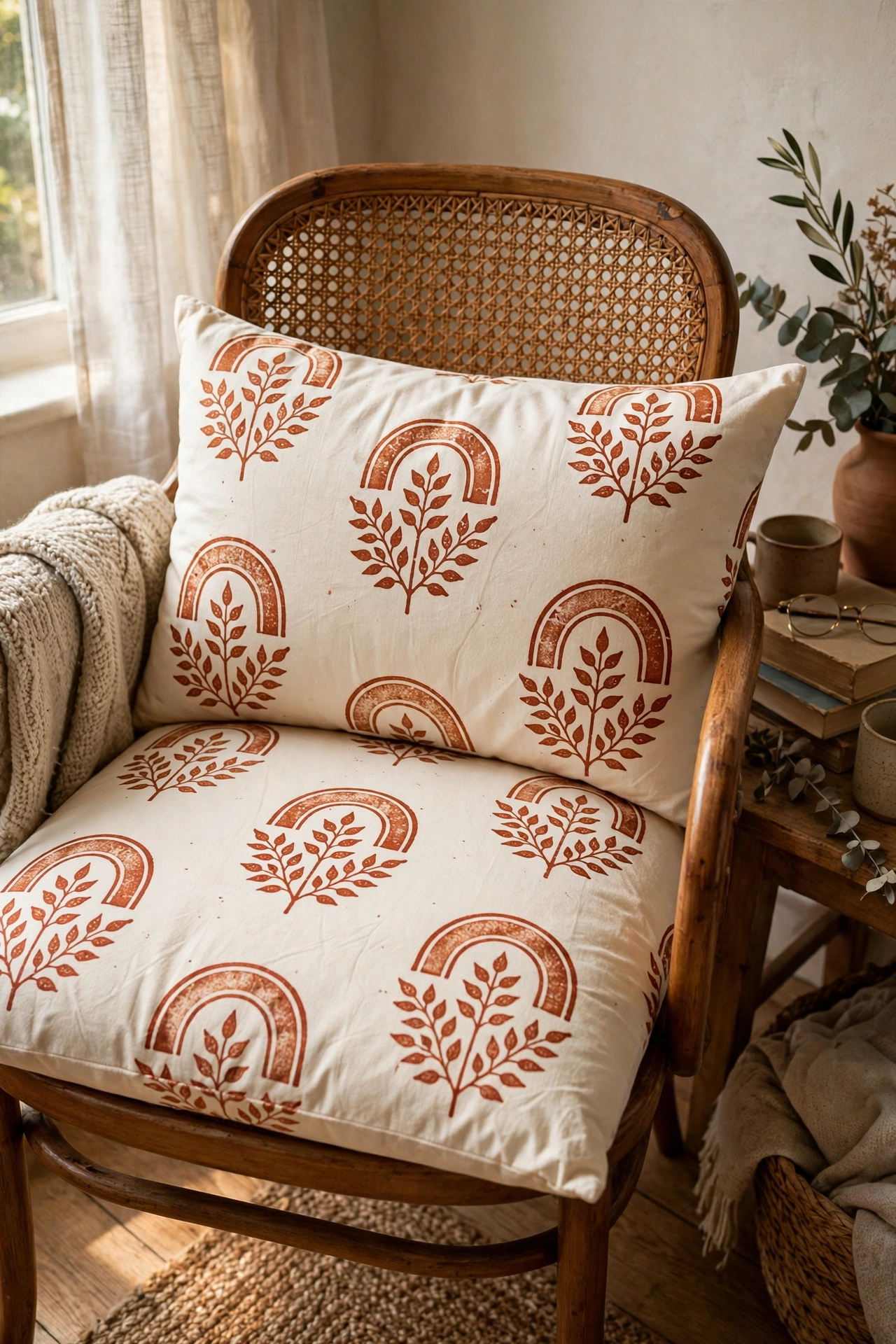 Cushion covers stamped with a rust leaf block print pattern