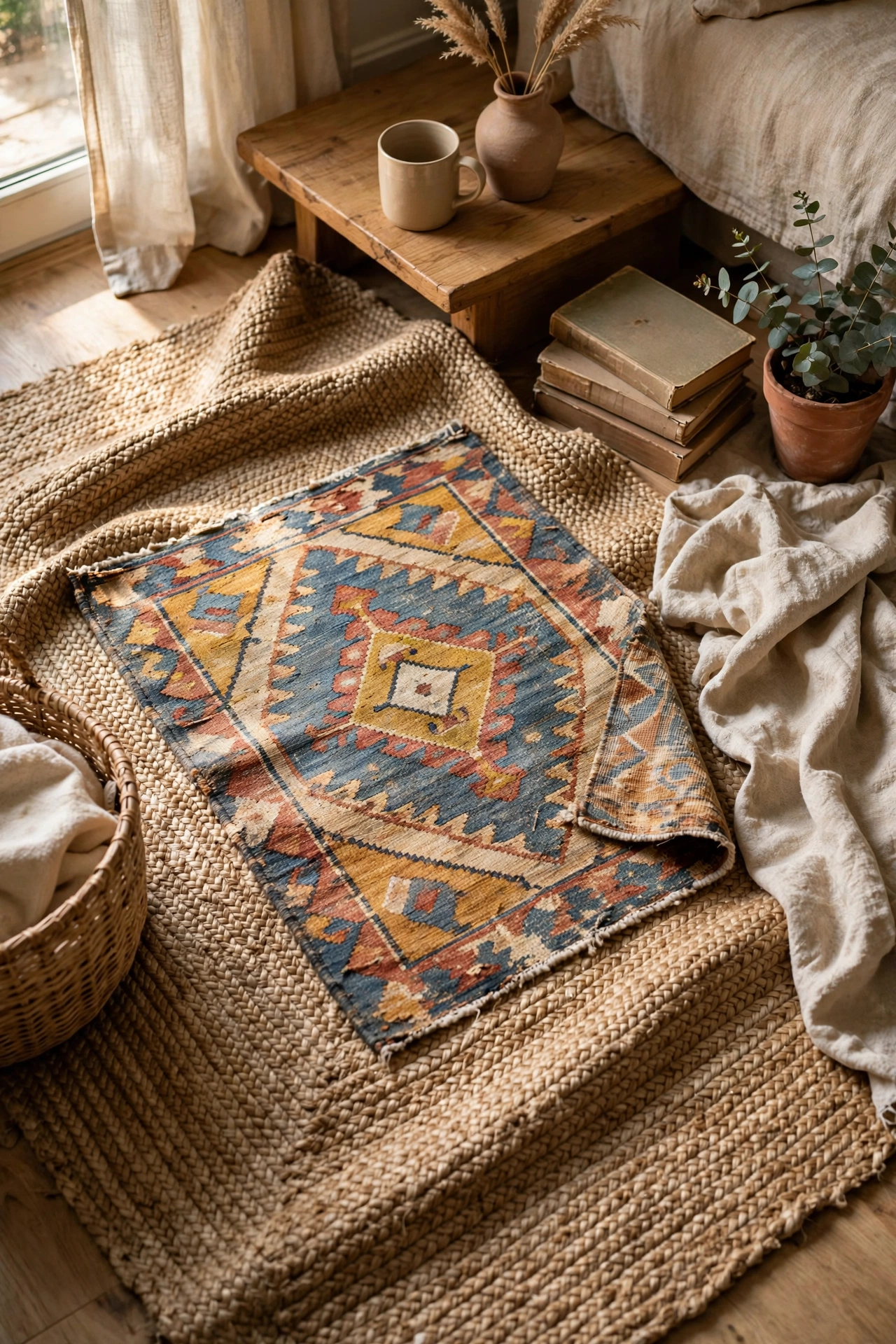 Patterned kilim-style rug layered at an angle over a jute rug
