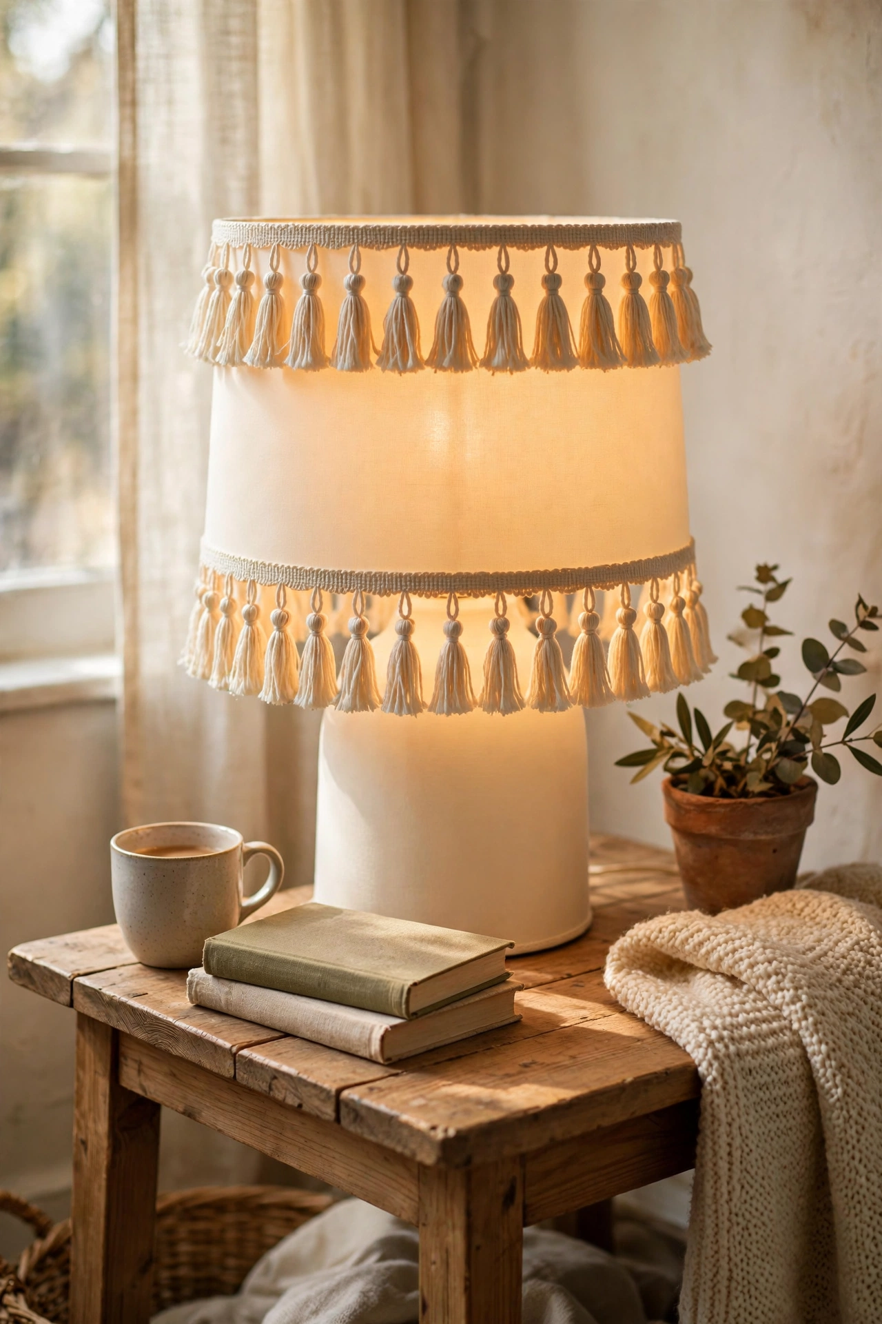 Cream drum lampshade trimmed with two rows of tassel fringe