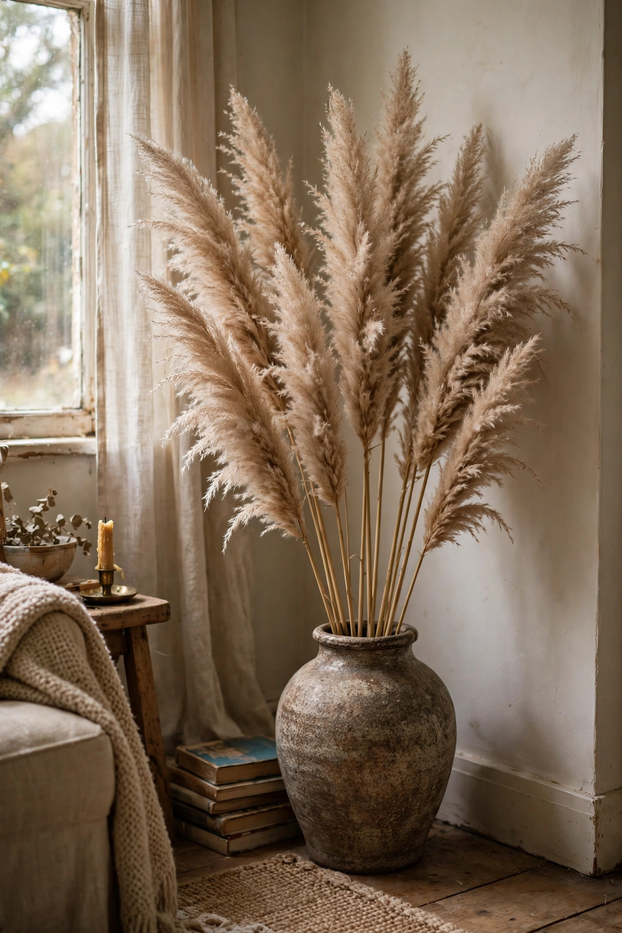 Tall dried pampas grass plumes in a thrifted ceramic vase