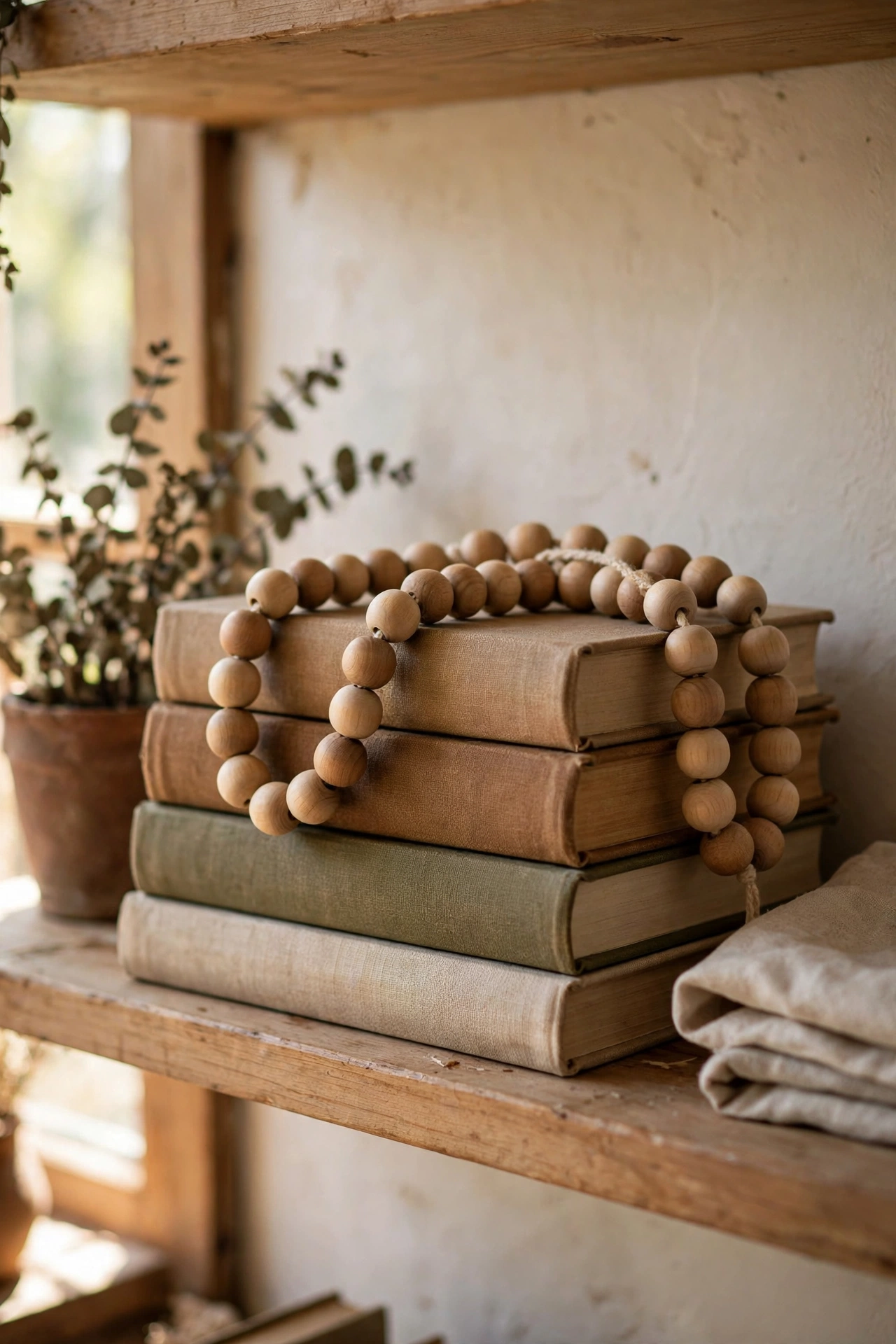 Wooden bead garland draped over a stack of books on a shelf