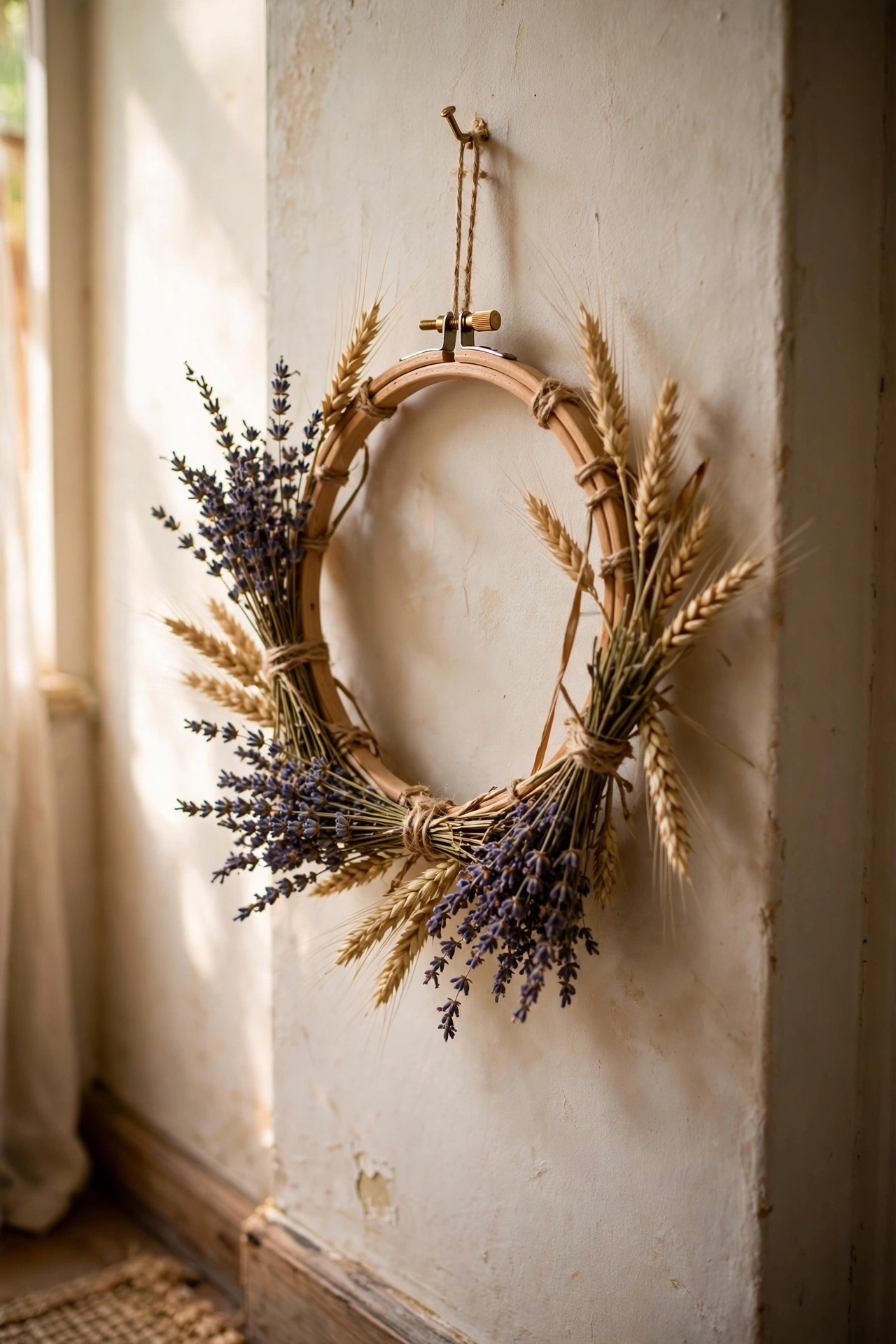 Embroidery hoop wreath with dried lavender and wheat hanging in a hallway