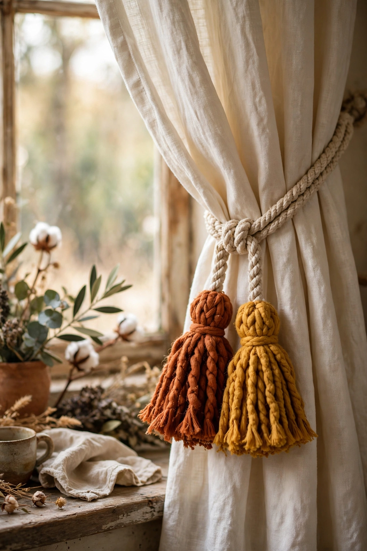 Chunky rust and mustard tassel tiebacks holding cream curtains