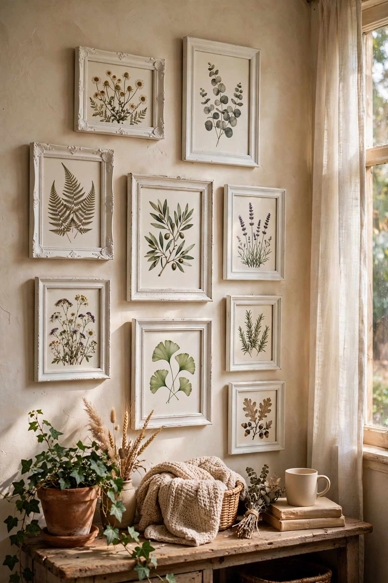 Gallery wall of mismatched frames spray-painted warm white