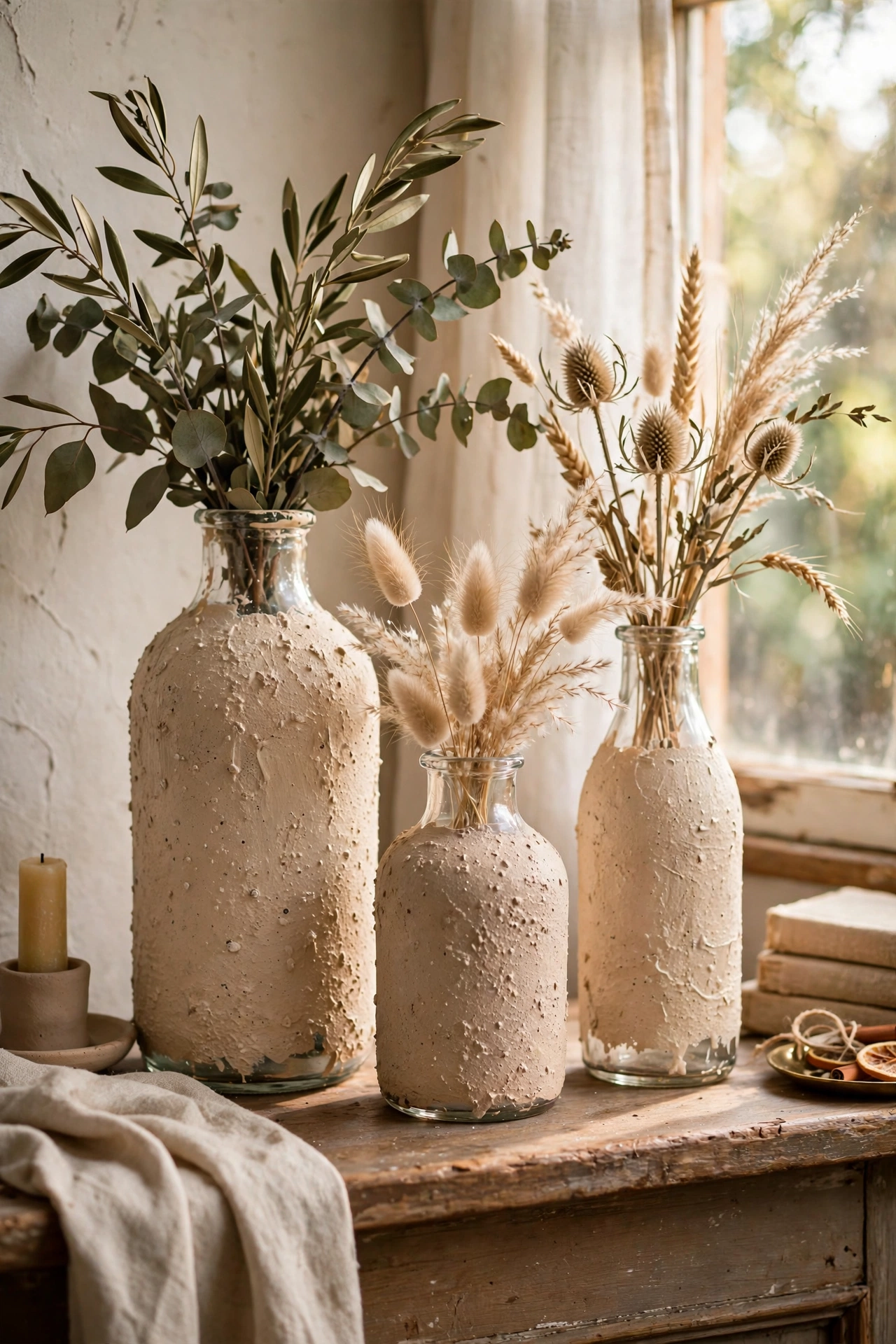 Glass vases painted with a stoneware-look textured finish