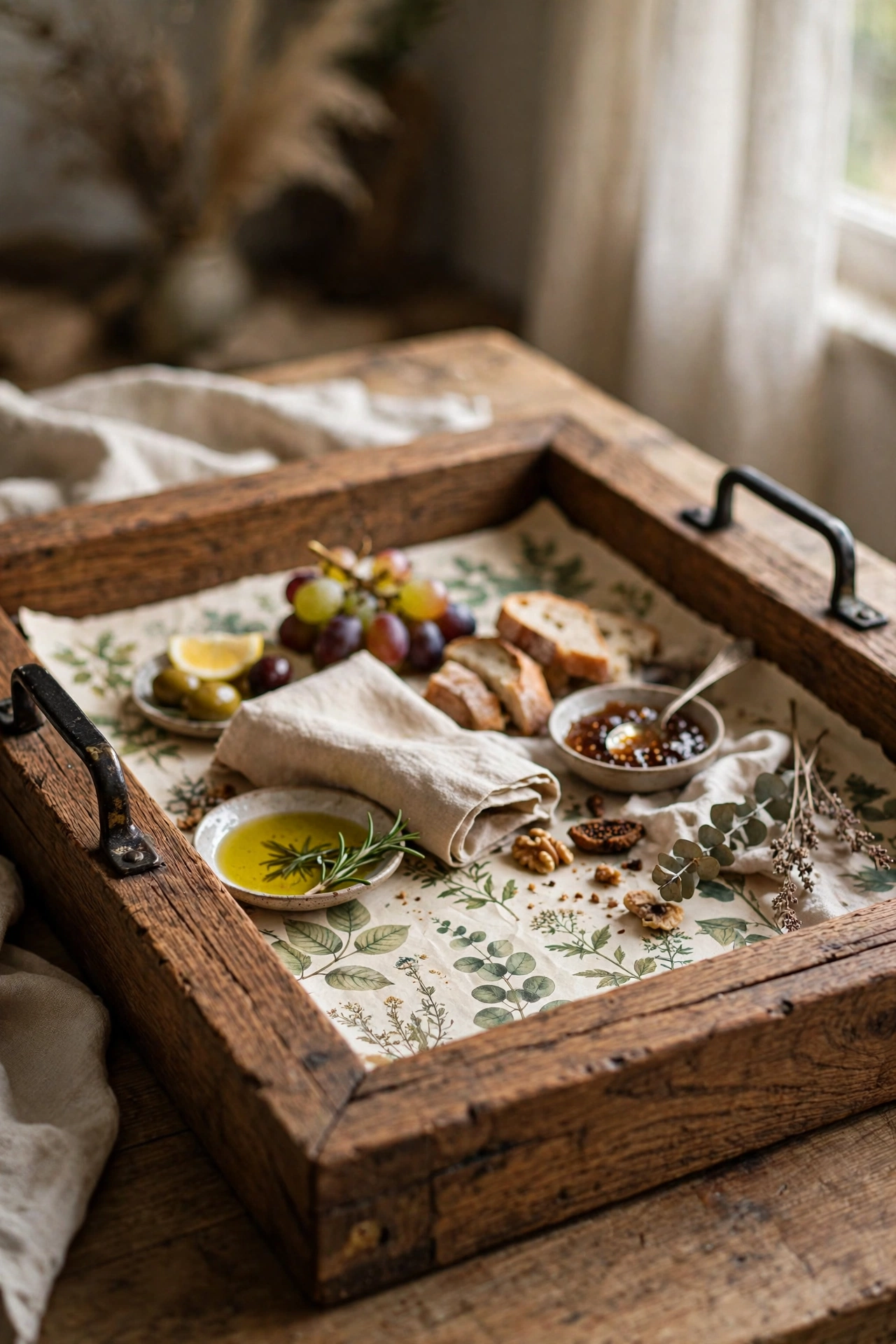 Deep wooden frame repurposed as a serving tray with handles
