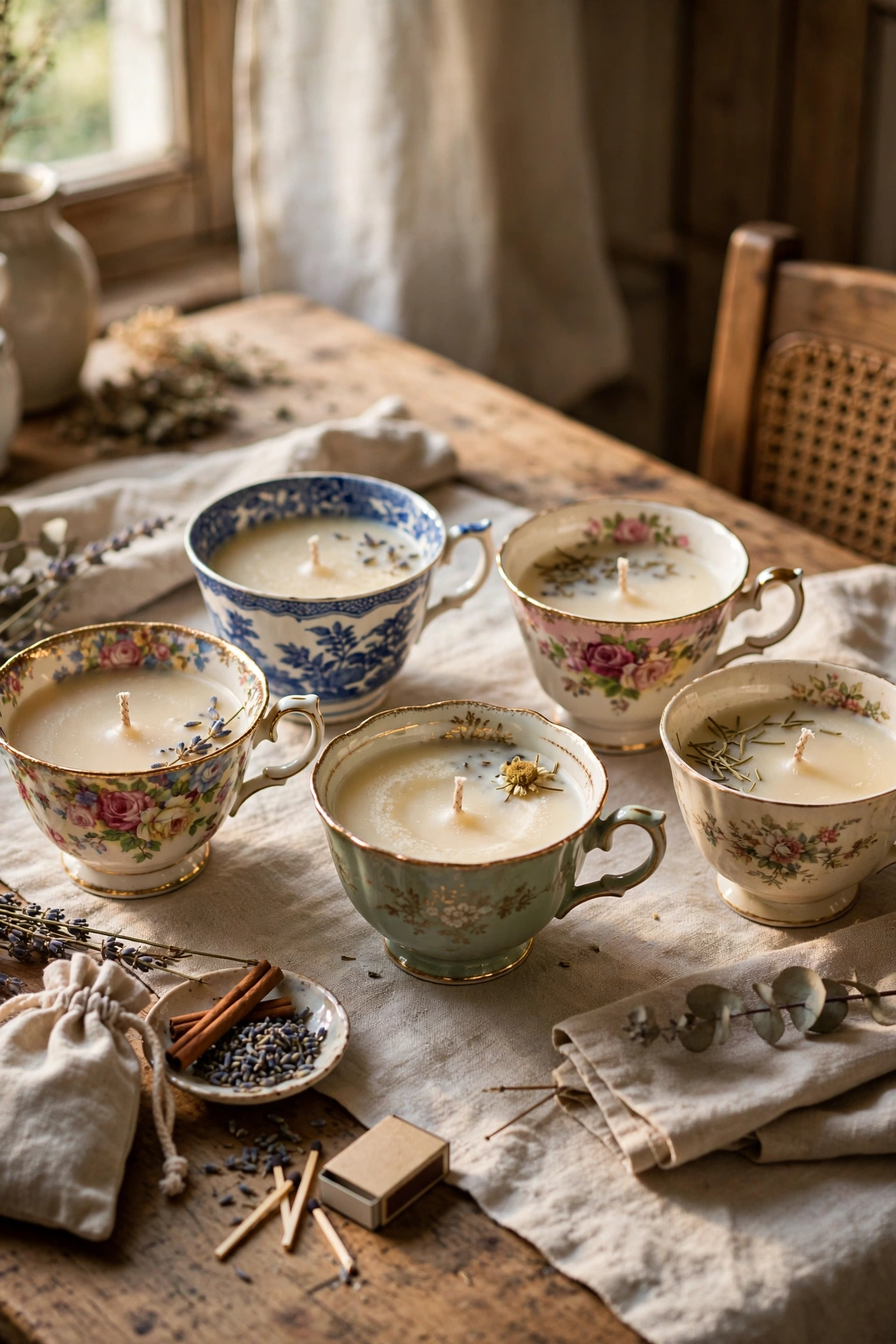 Homemade soy candles in mismatched vintage teacups