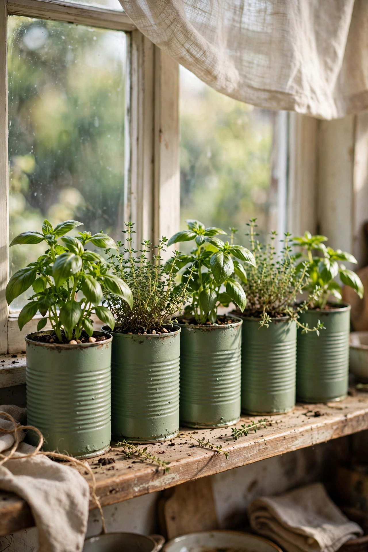 Tin cans painted sage green planted with kitchen herbs