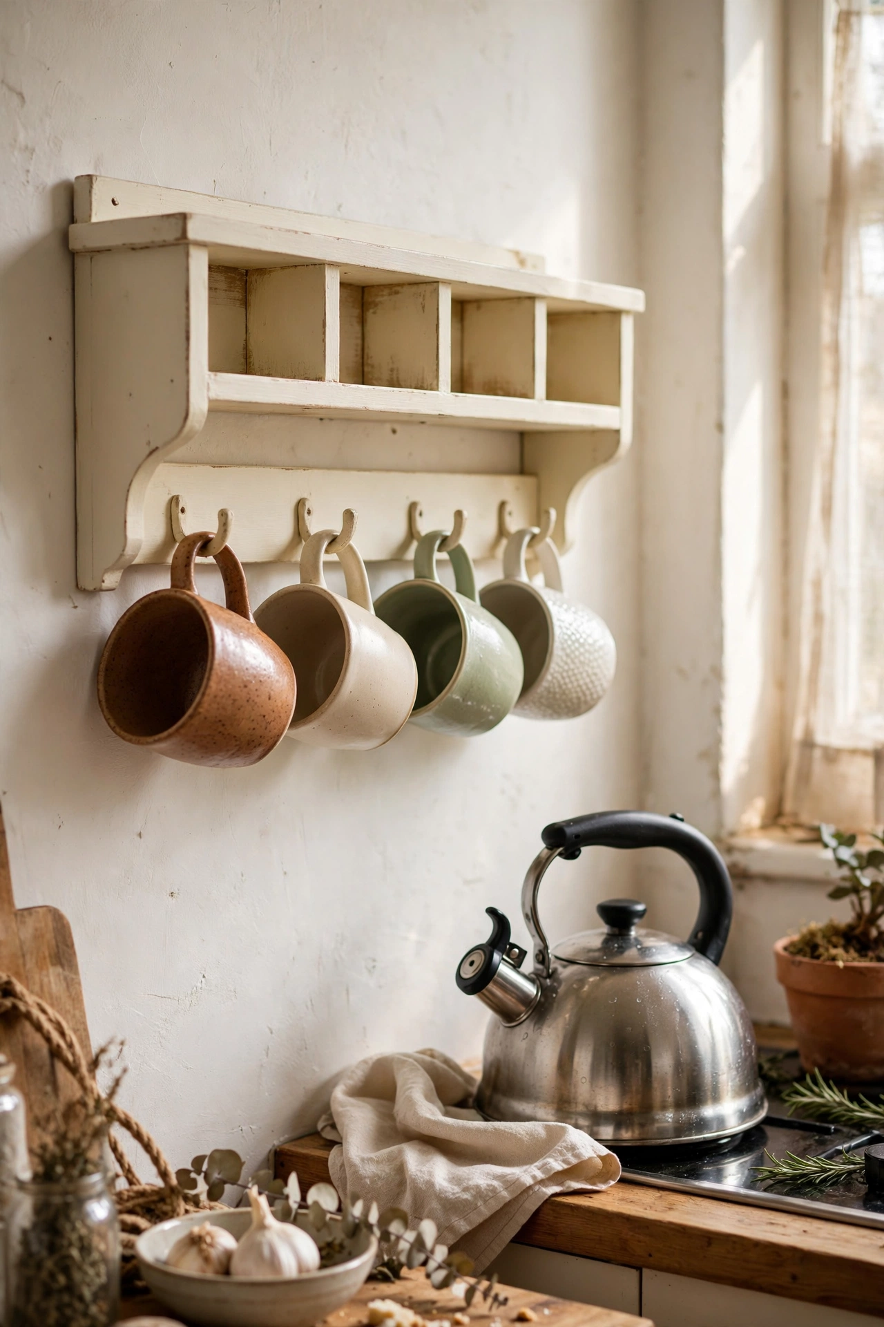 Painted wooden spoon rack holding mugs on a kitchen wall