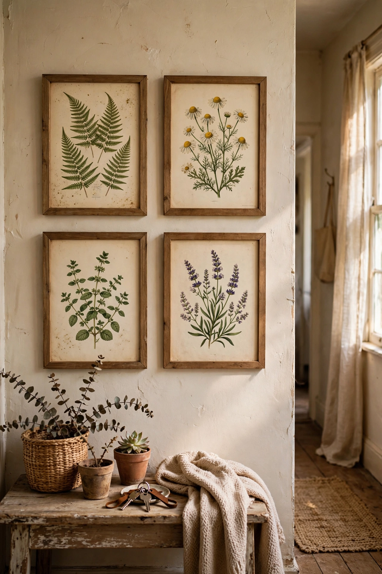 Framed botanical book pages hung in a hallway grid