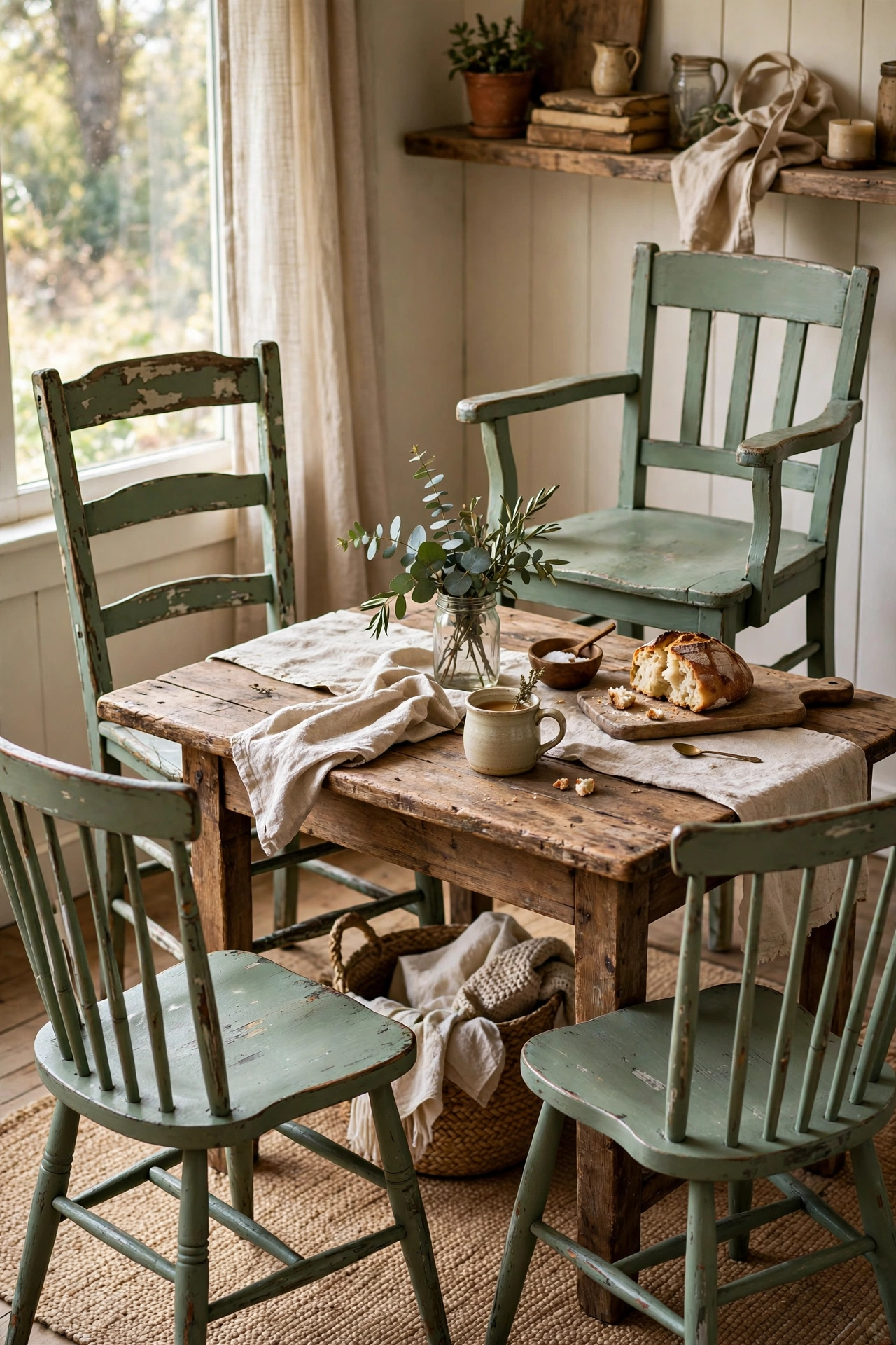 Mismatched wooden chairs painted sage green around a dining table