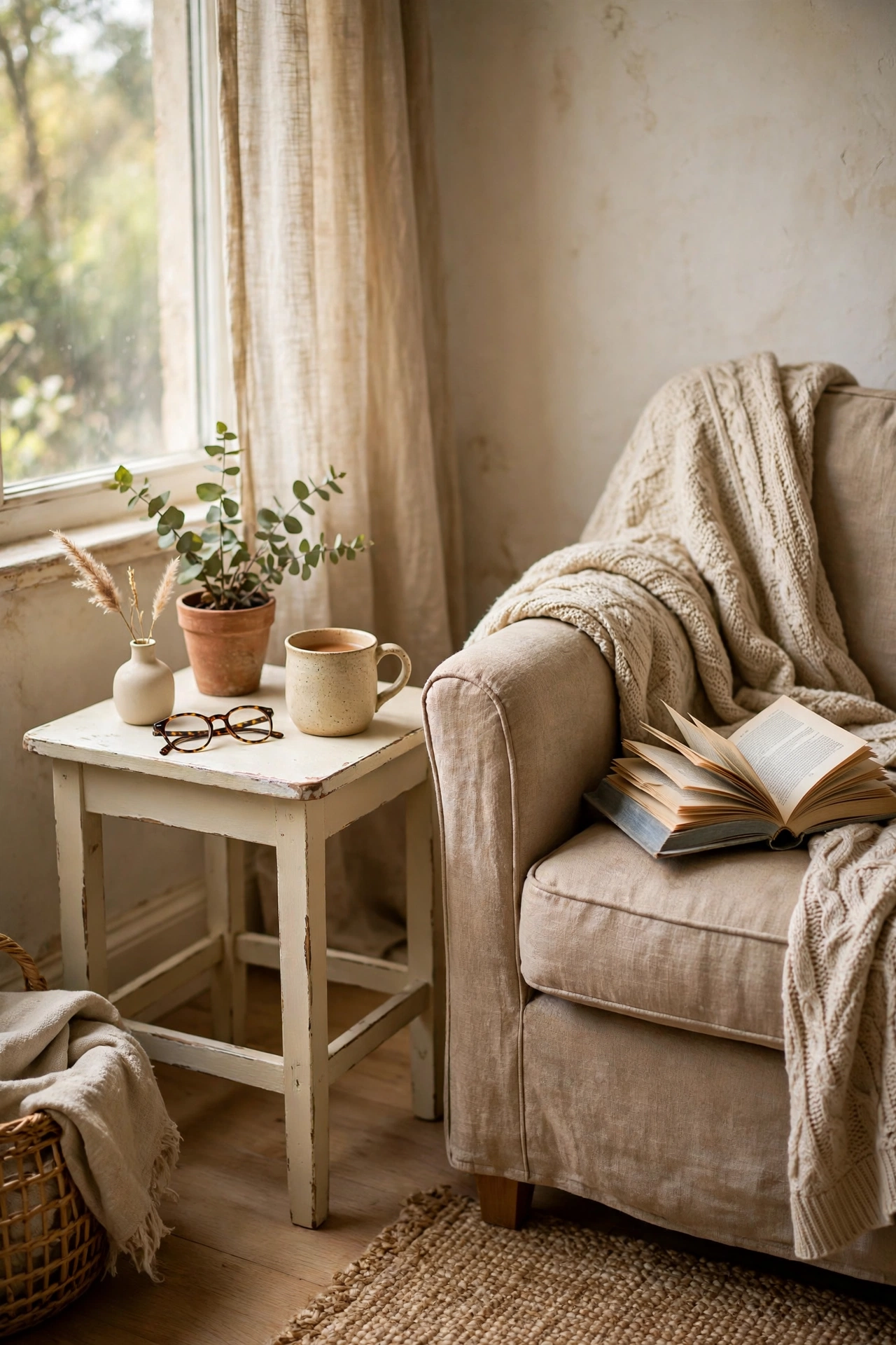Small oak side table painted cream beside a reading chair