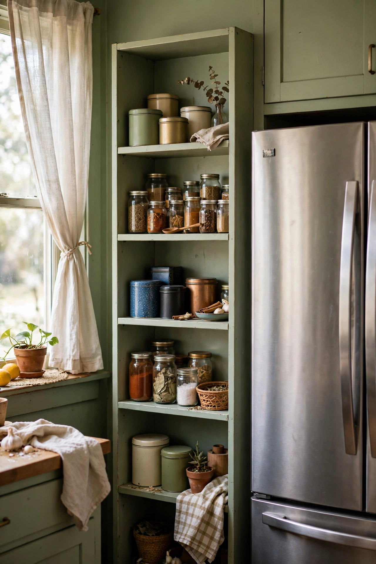 Painted bookshelf repurposed as pantry storage beside a fridge