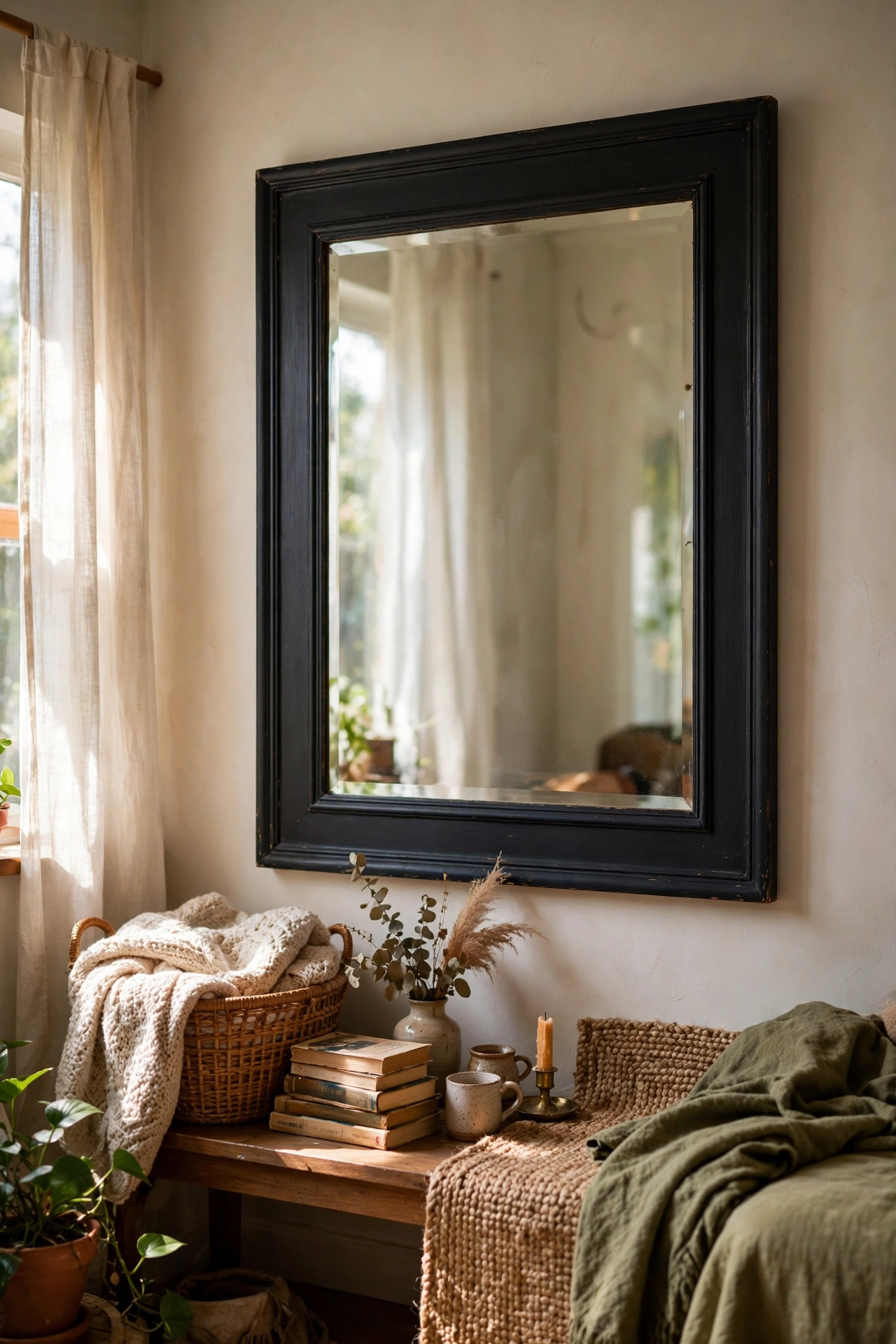 Large charity shop mirror with a matte black painted frame