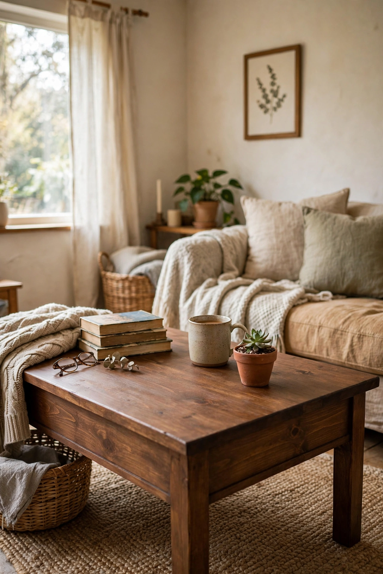 Pine coffee table refinished with a rich walnut stain