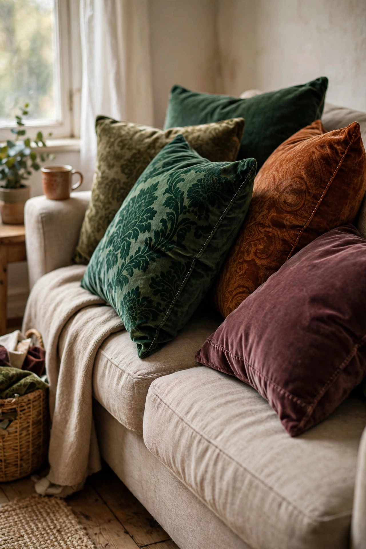 Velvet cushion covers sewn from thrifted curtains on a sofa