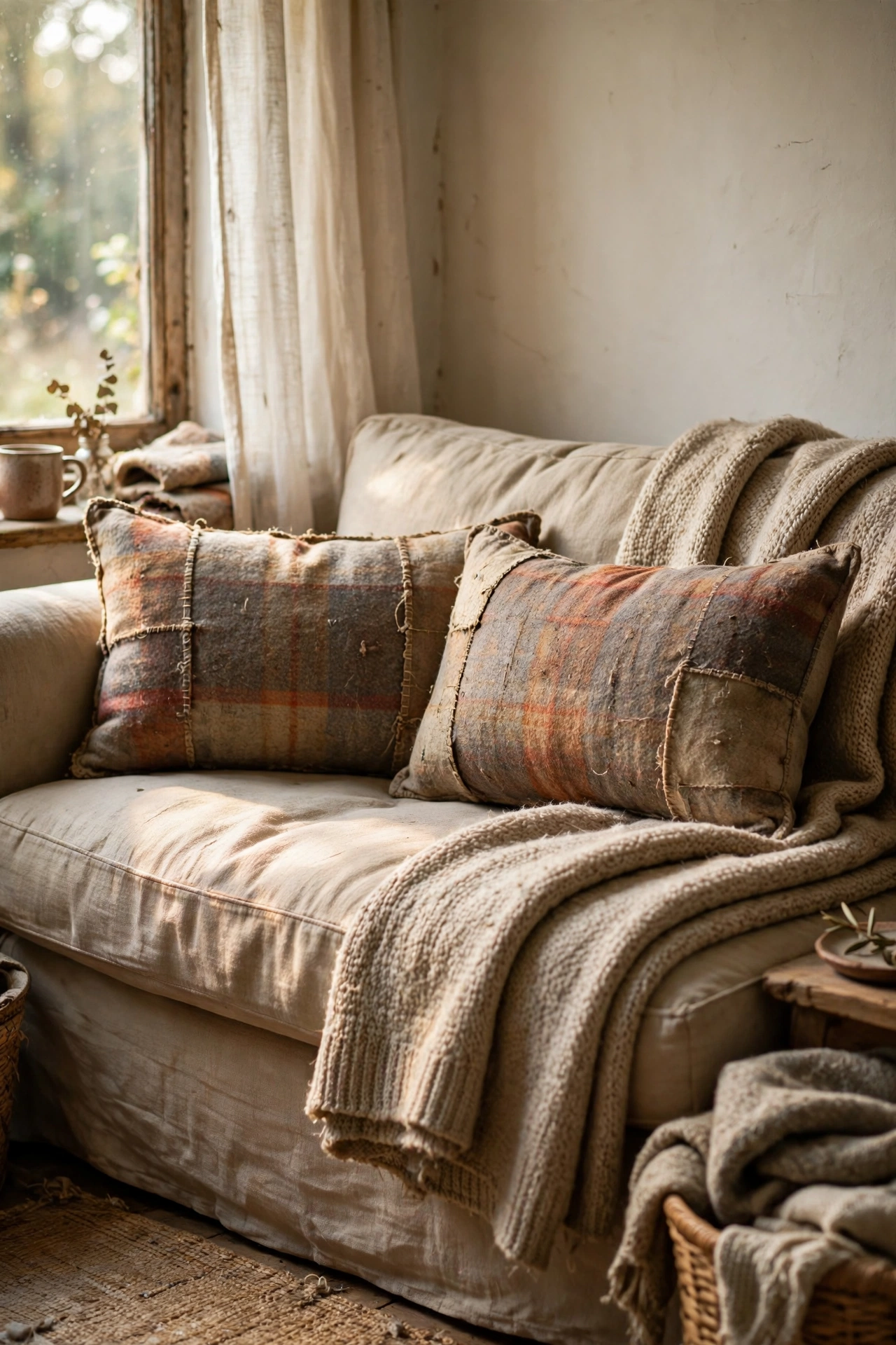 Lumbar pillows made from a worn wool charity shop blanket