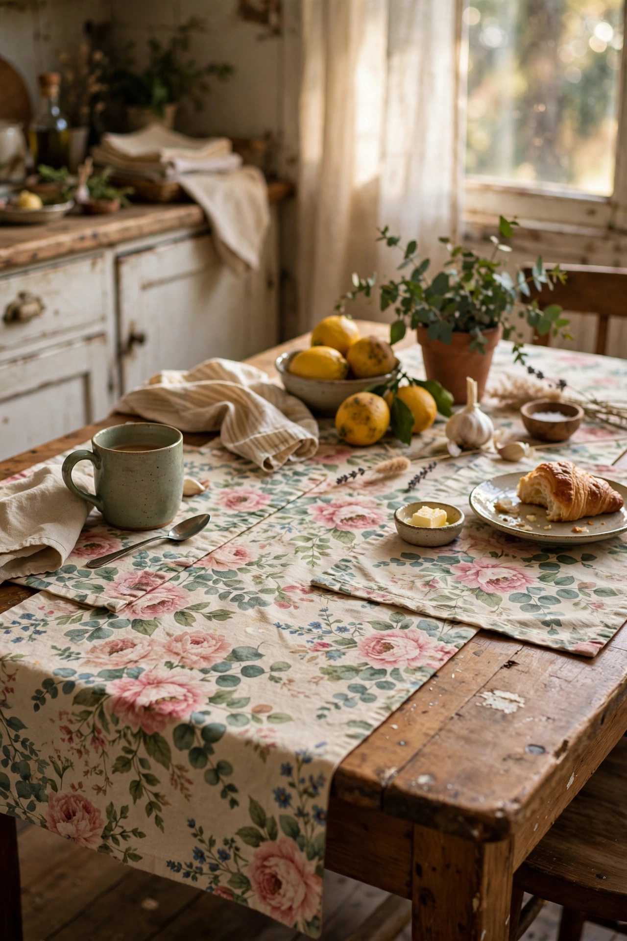 Floral table runner and placemats cut from a thrifted tablecloth