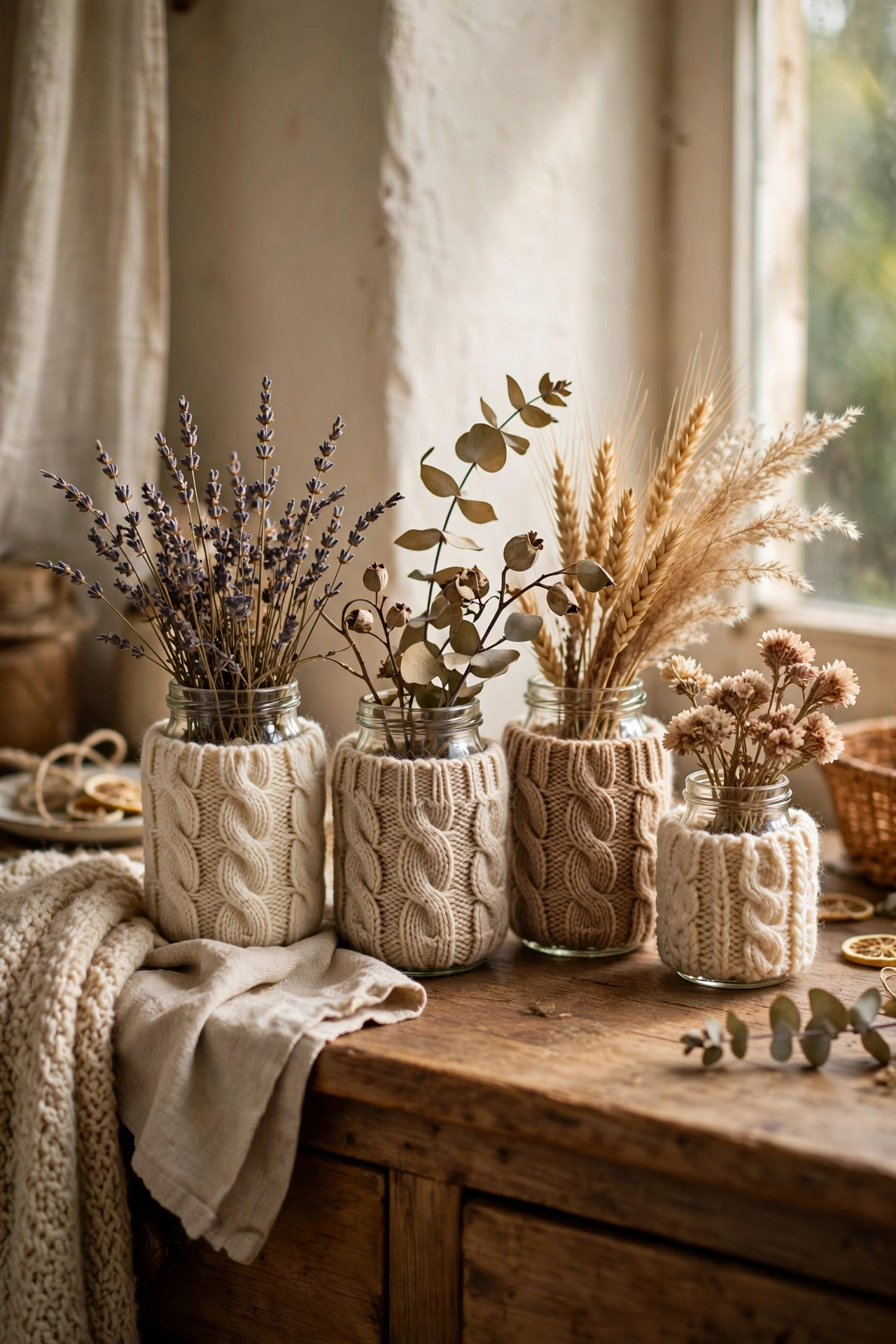 Small vases wrapped in cable-knit jumper sleeves
