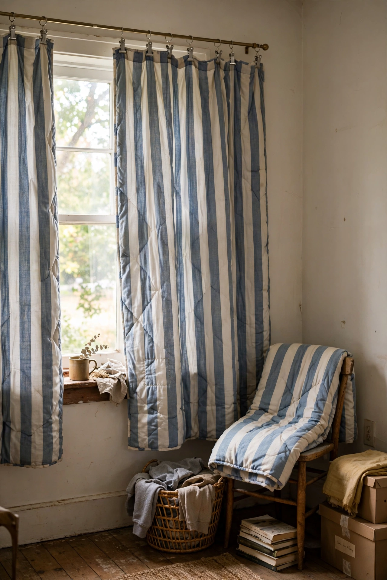 Striped curtains made from a thrifted duvet cover