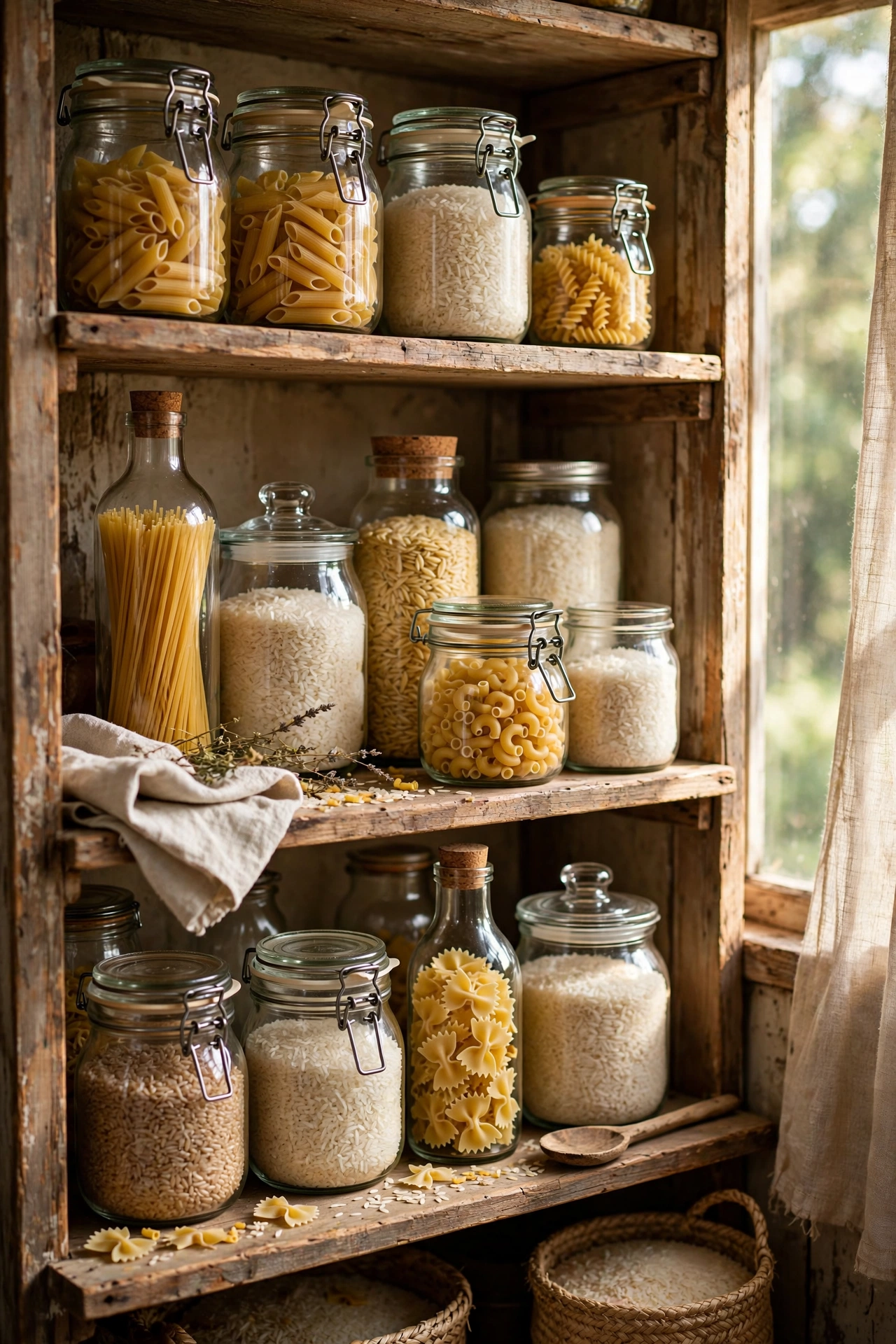 Matching set of vintage glass jars storing pantry staples