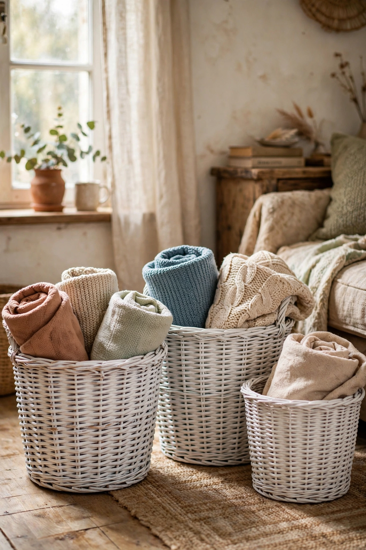 Wicker baskets spray-painted soft white holding throws