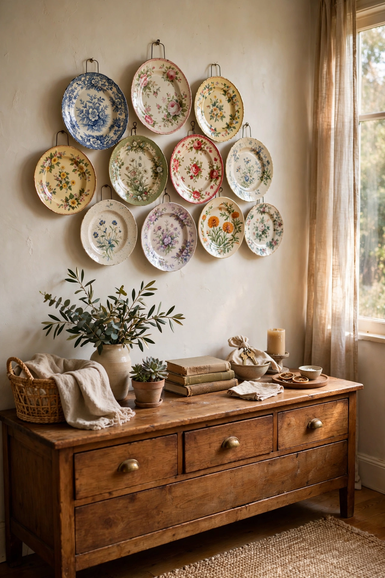Cluster of floral plates hung as wall art above a sideboard