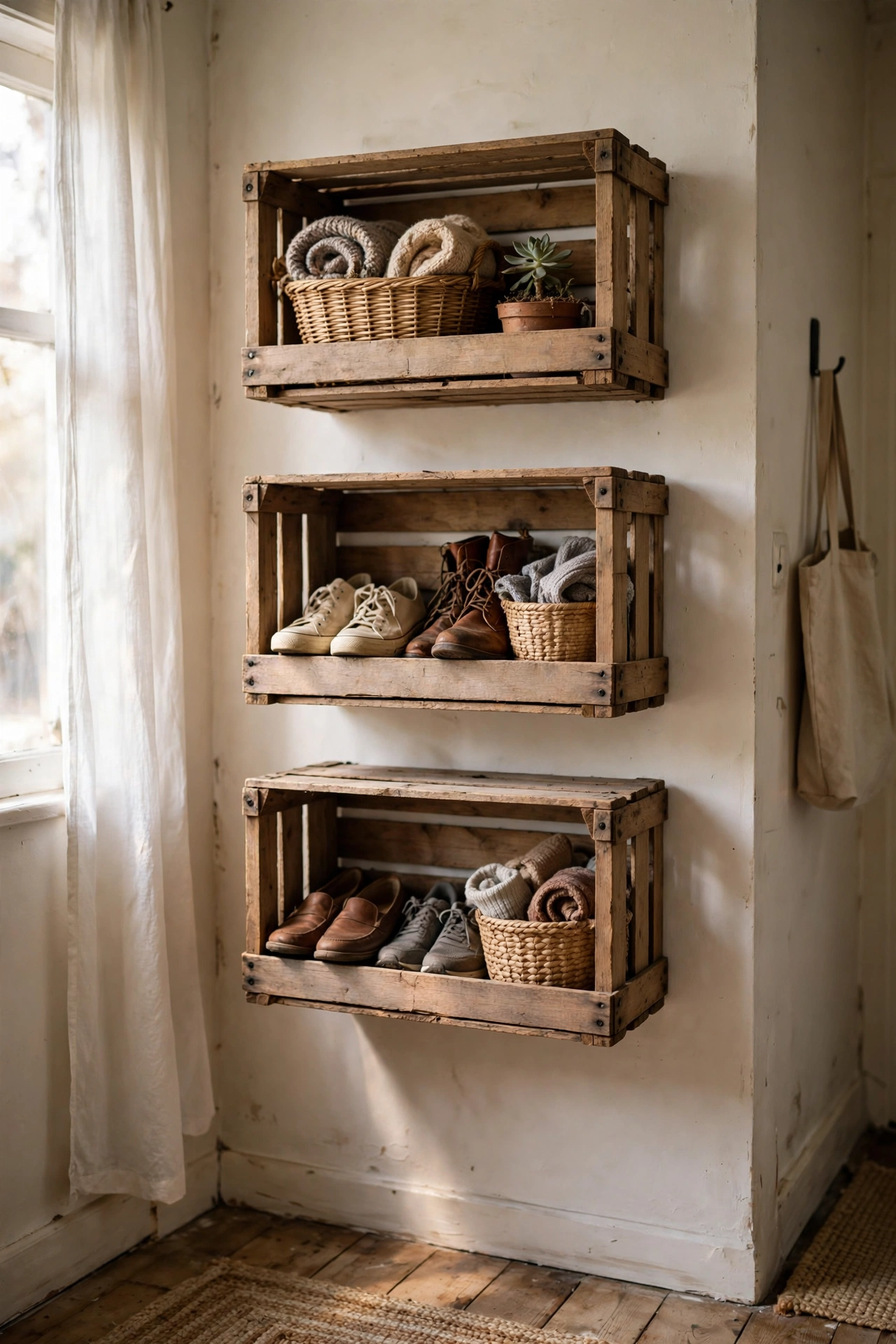 Wooden crates mounted as wall shelves holding shoes and baskets