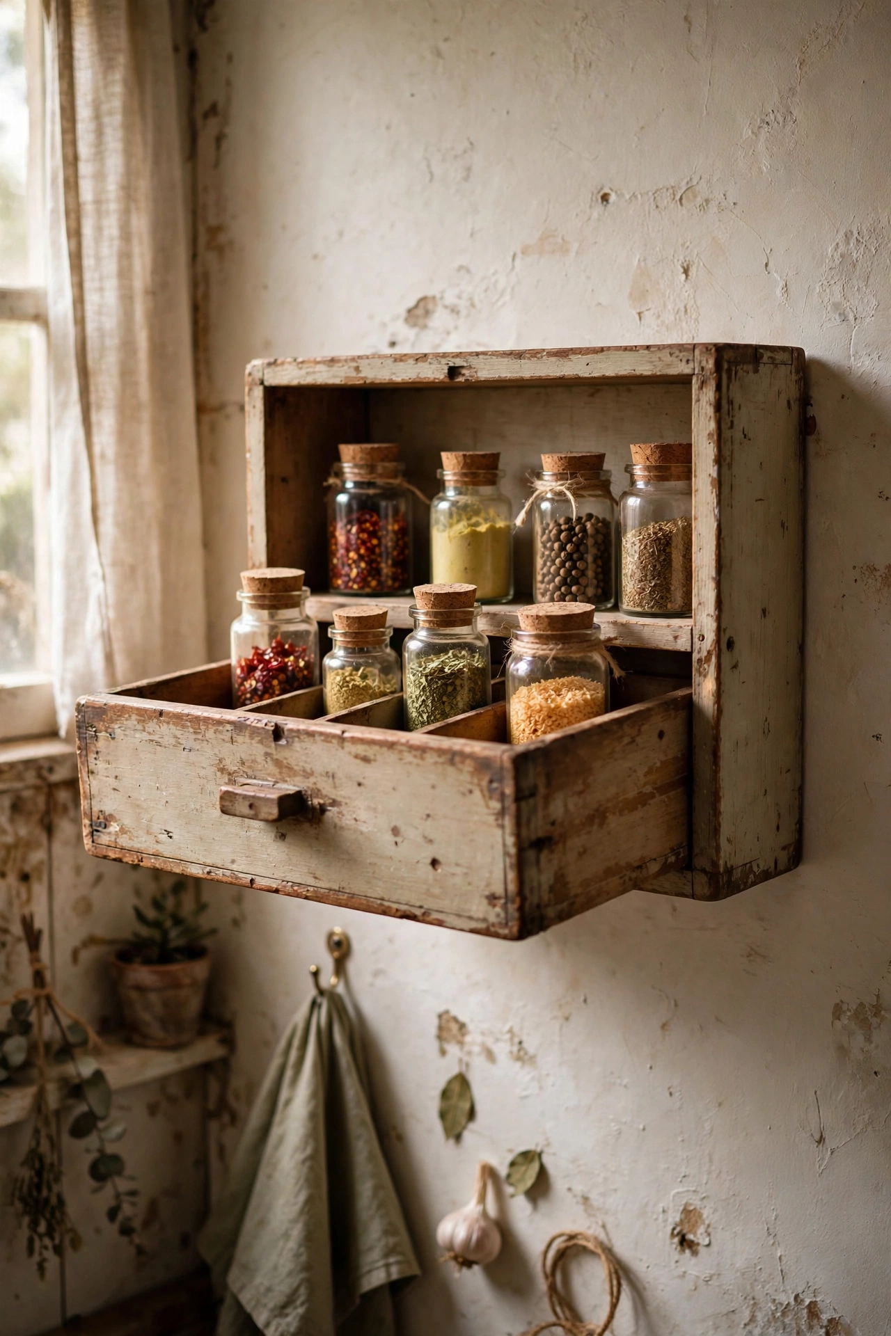 Deep drawer mounted on a wall as a spice shelf