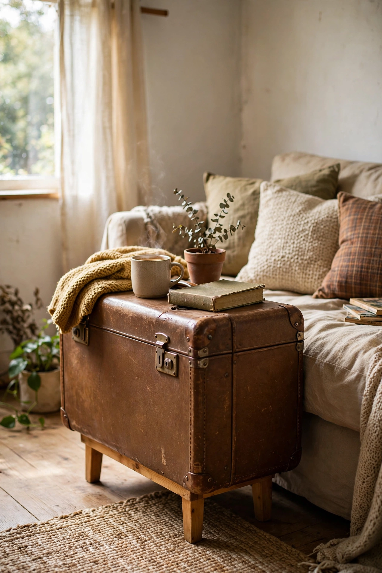 Vintage suitcase on wooden legs used as a side table