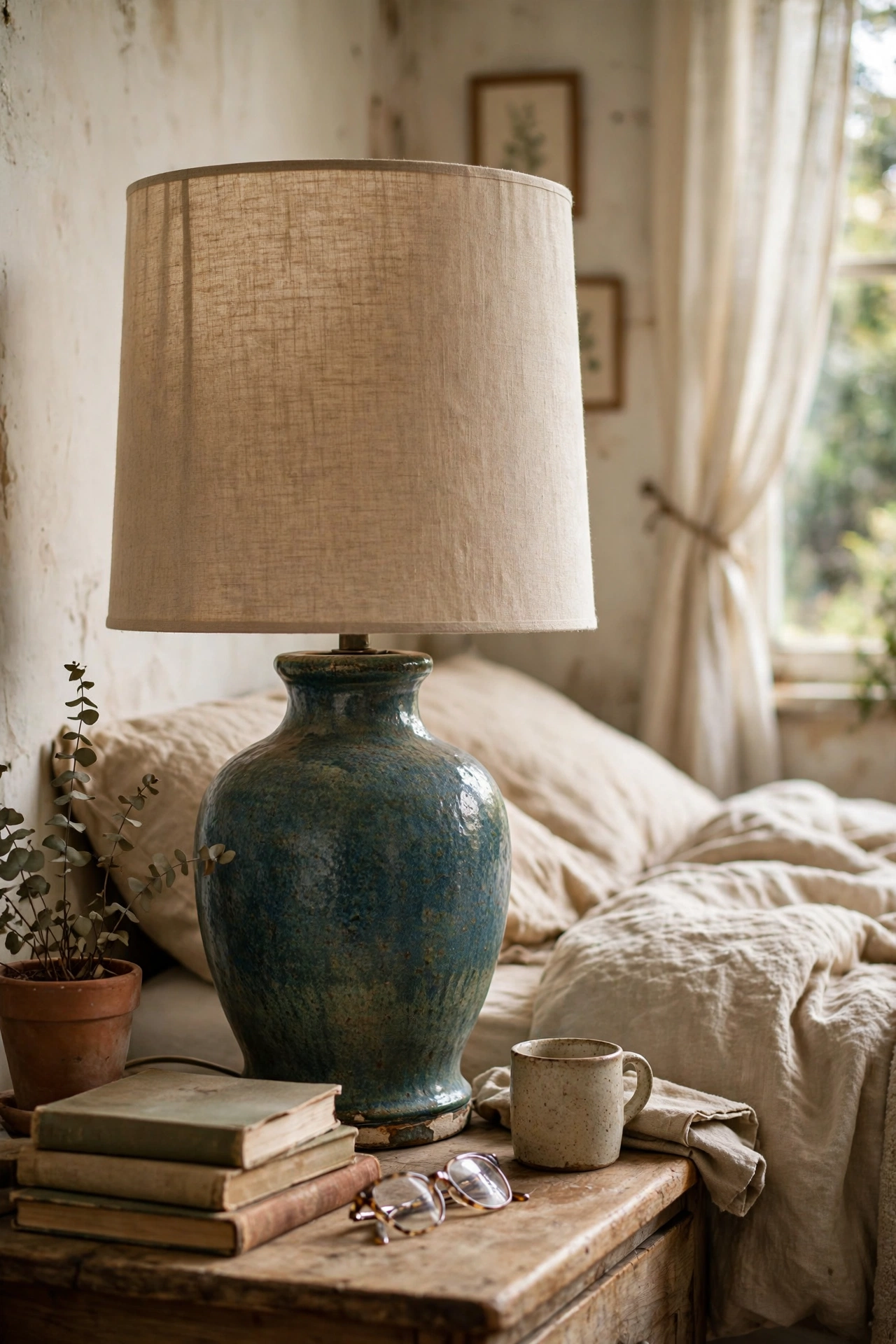 Thrifted ceramic lamp base with a new natural linen drum shade