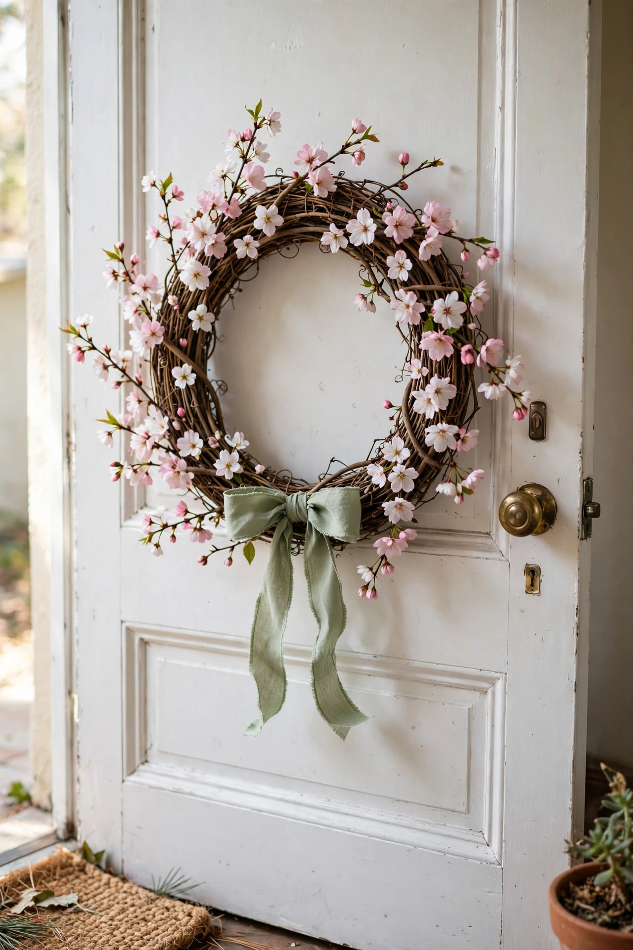 Grapevine wreath with pink blossom sprays hanging on a white front door