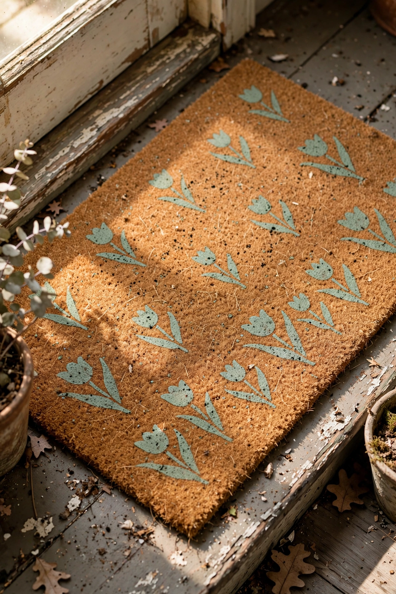 Coir doormat stencilled with hello spring in sage green paint