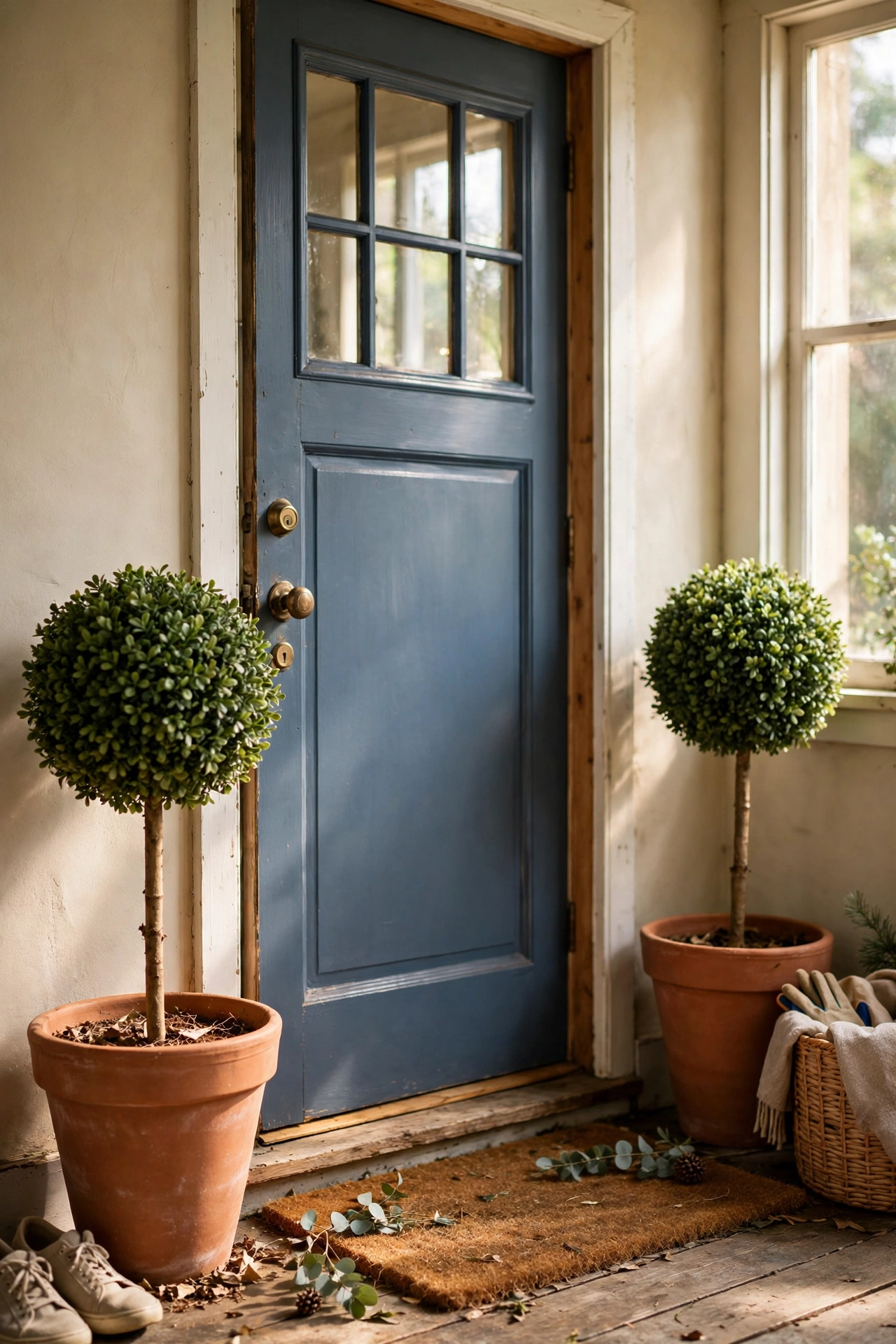 Pair of terracotta pot topiaries with faux boxwood balls flanking a front door