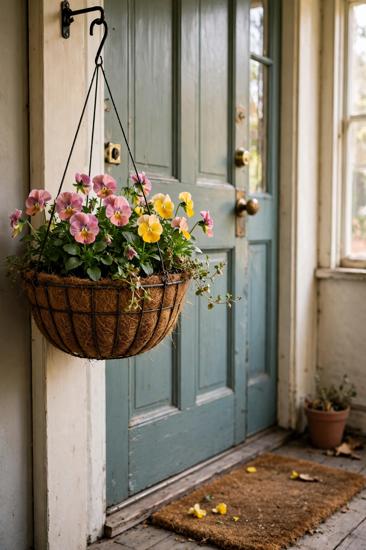 Wire hanging basket planted with pink and yellow pansies by a front door