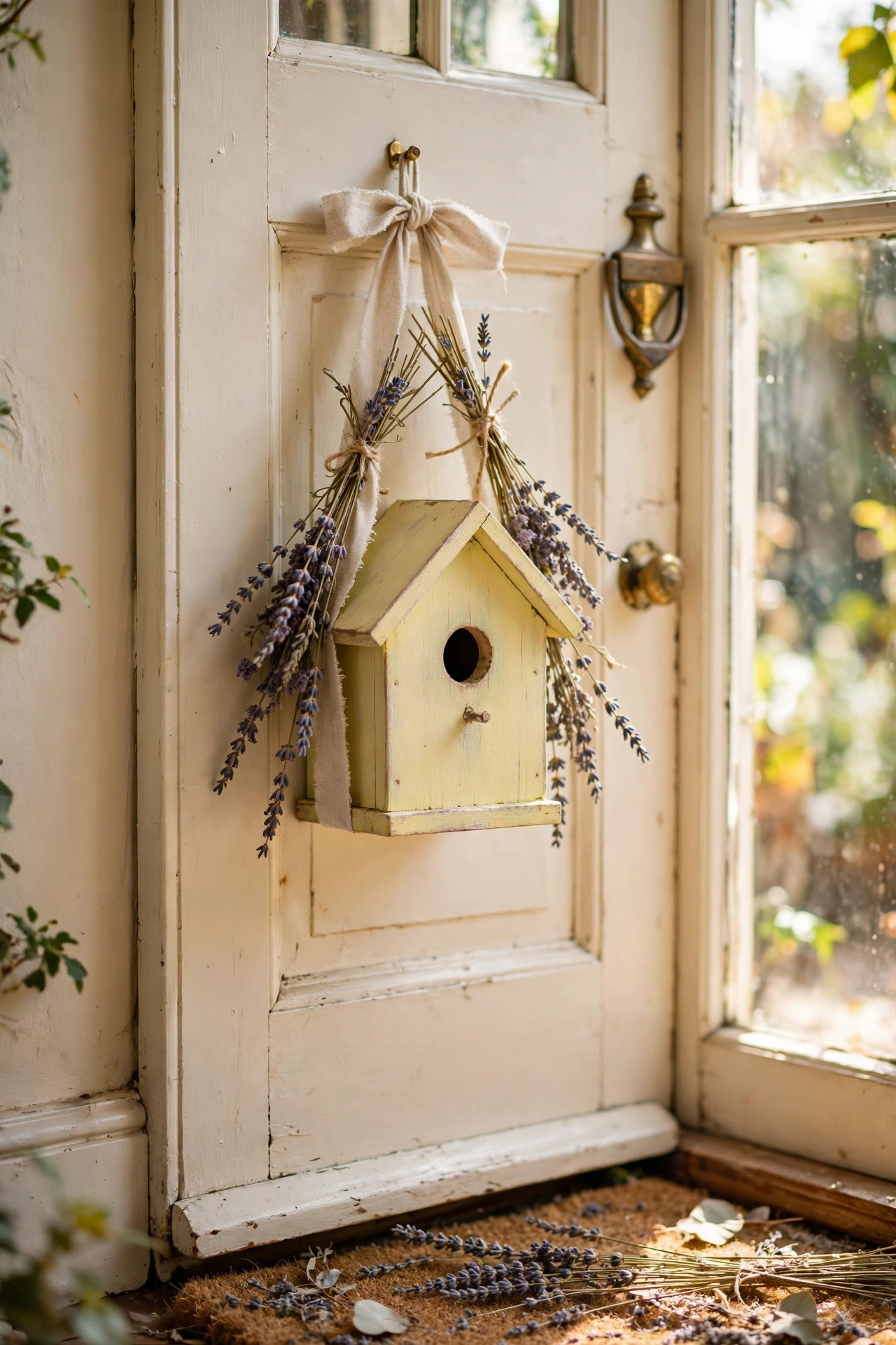 Pastel yellow wooden birdhouse with dried lavender hanging from a ribbon