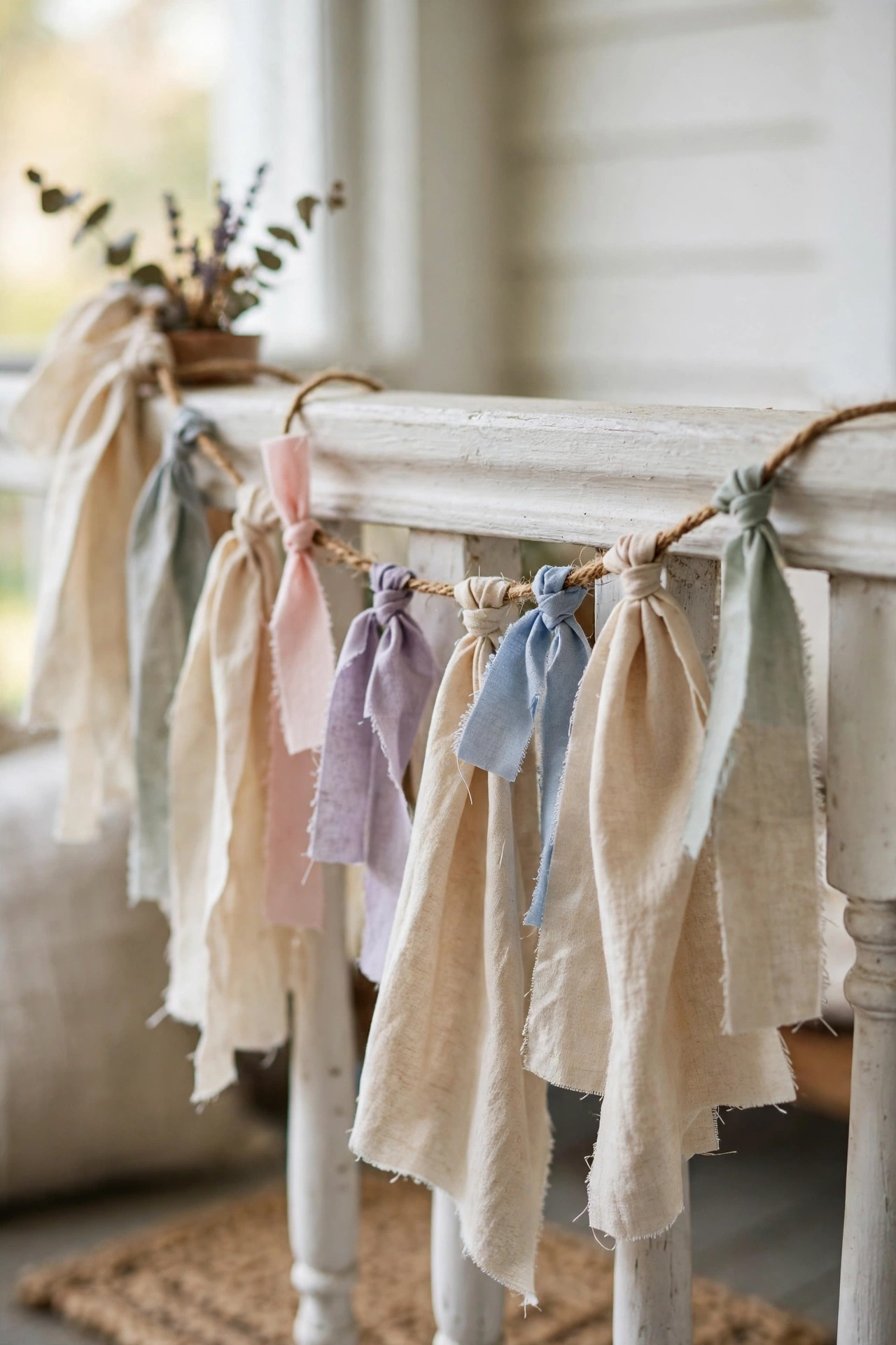 Pastel ribbon and fabric strip garland tied along a porch rail