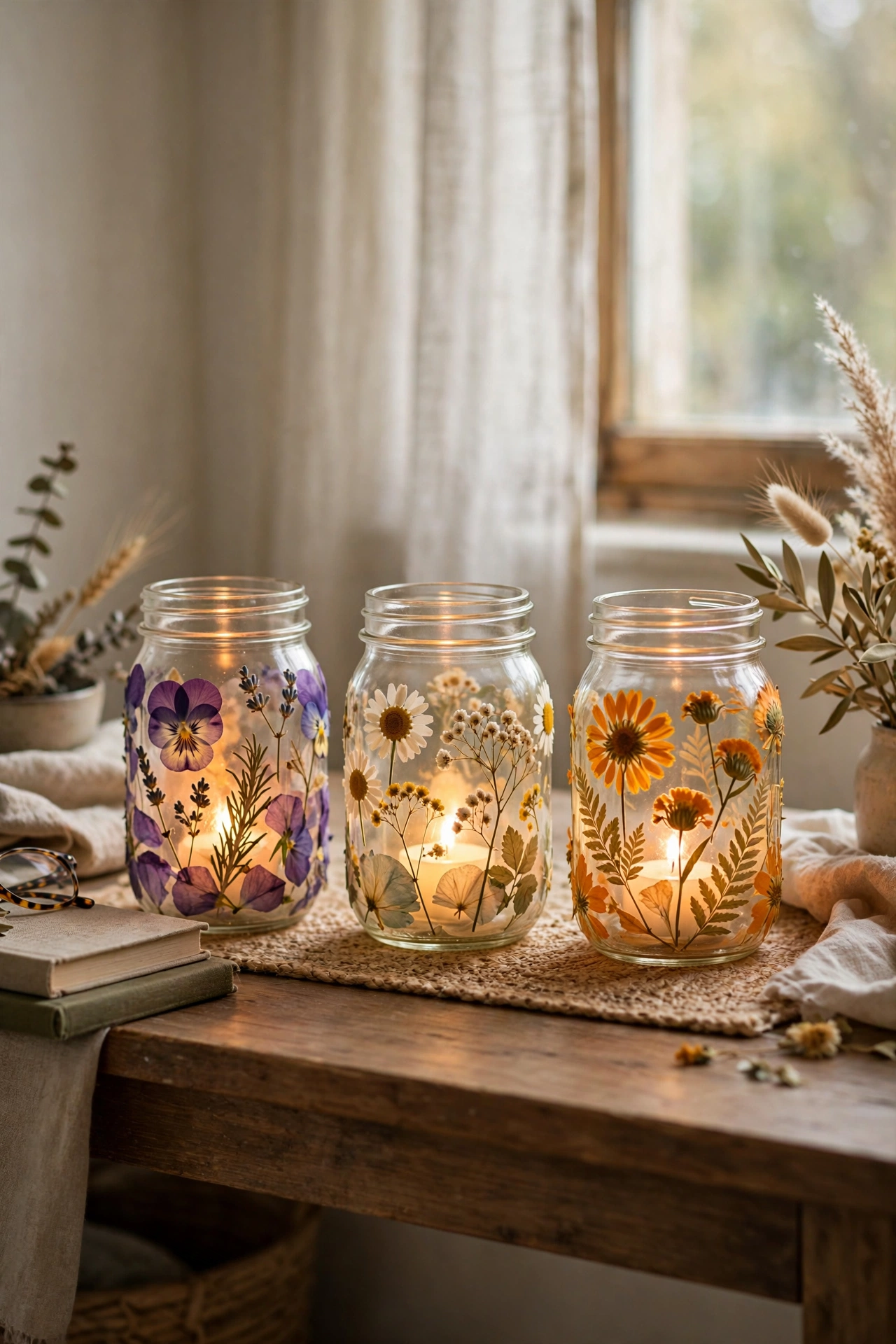 Mason jars with pressed flowers glowing with battery tea lights
