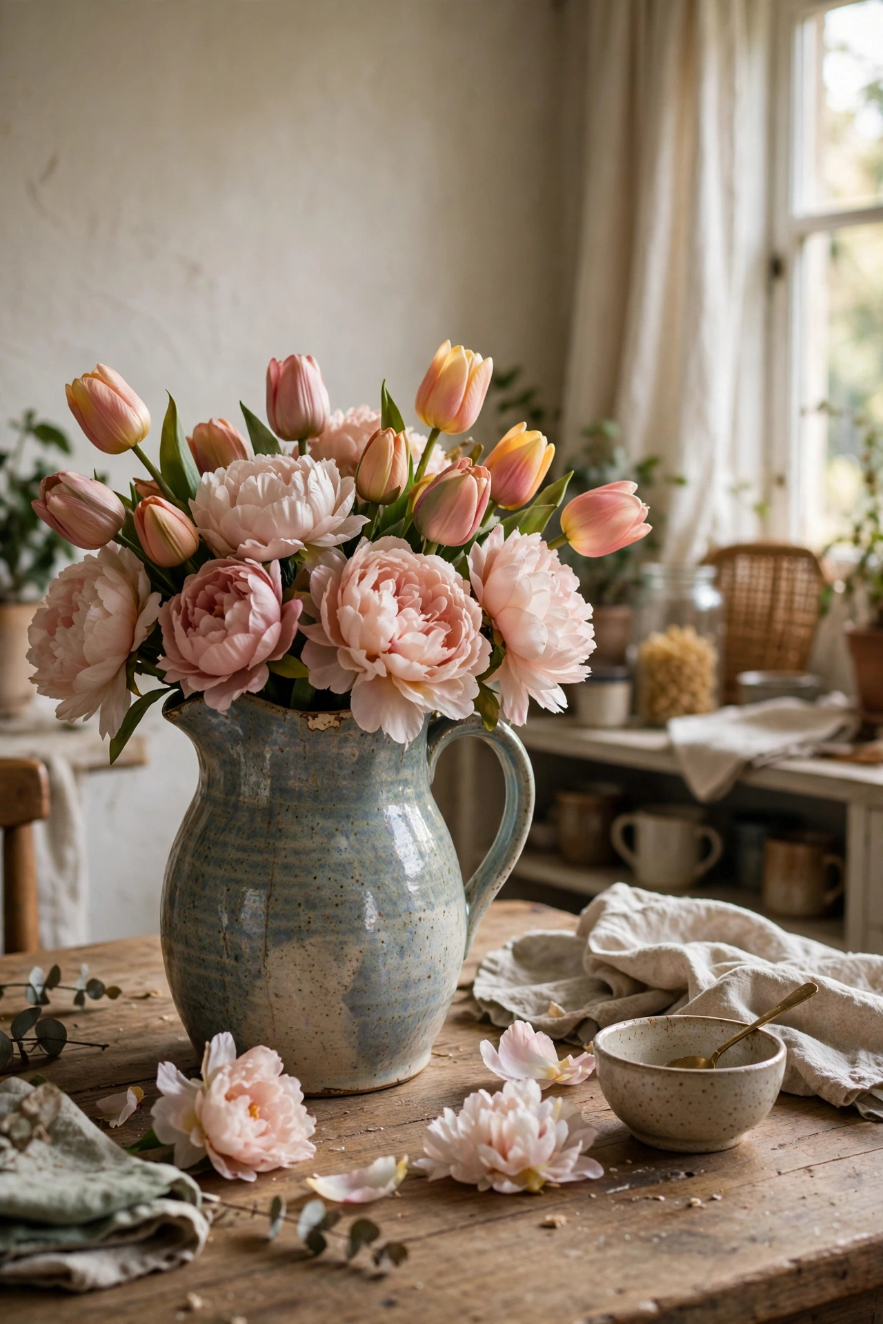 Thrifted ceramic pitcher filled with faux peonies on a kitchen table