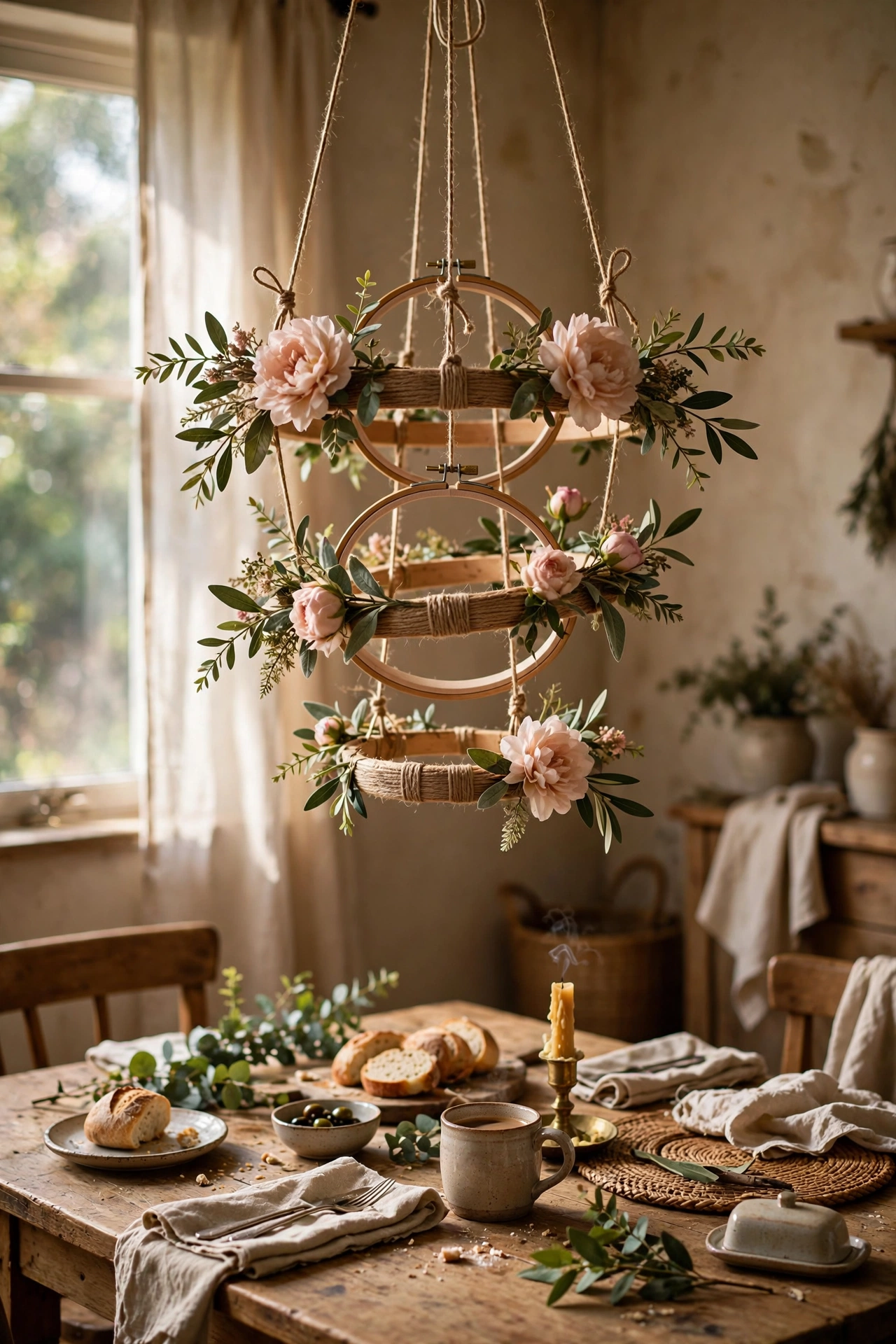 Embroidery hoop floral chandelier with blush silk flowers over a dining table