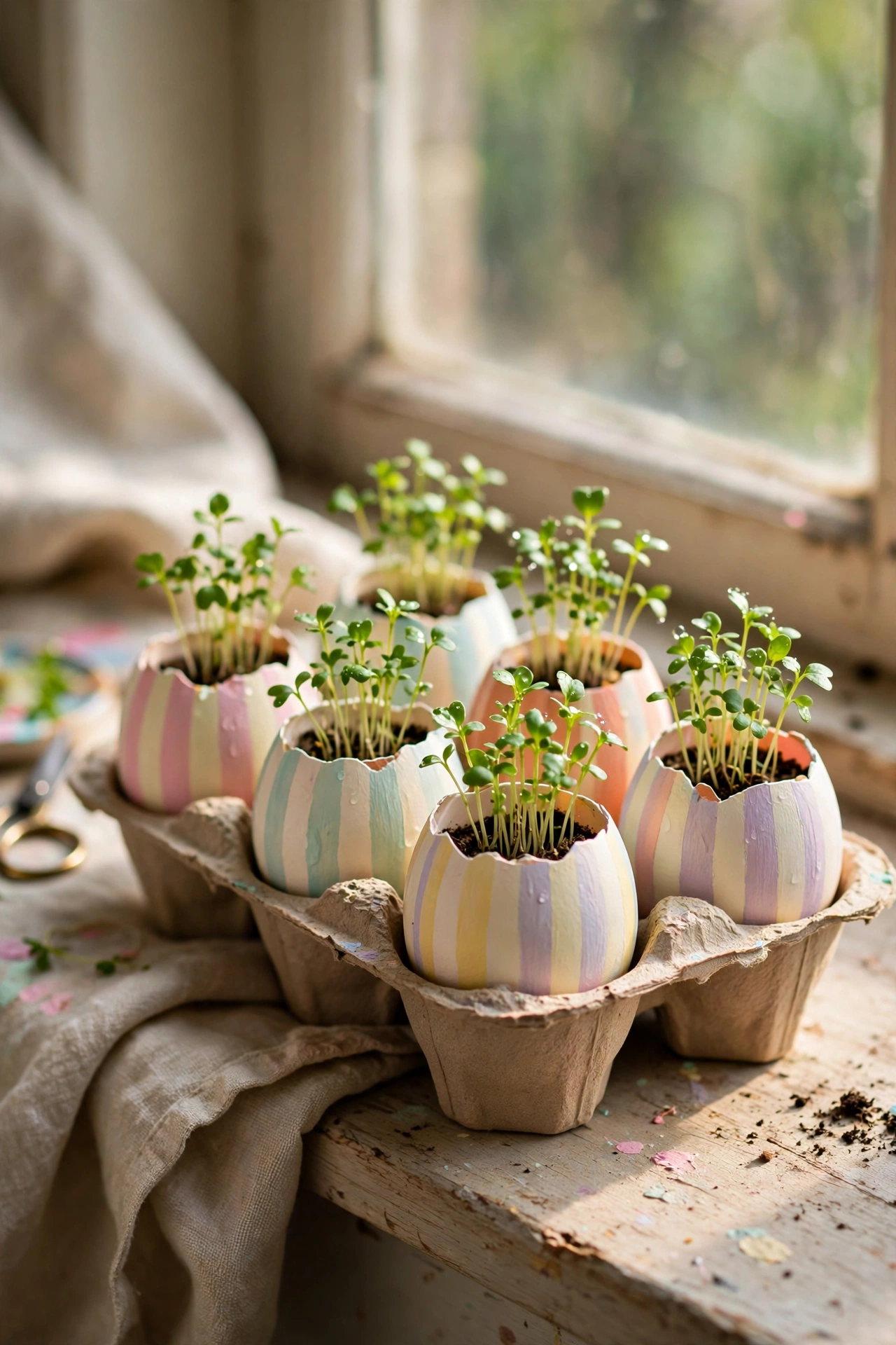 Eggshell planters painted in pastel stripes with cress seedlings in an egg carton