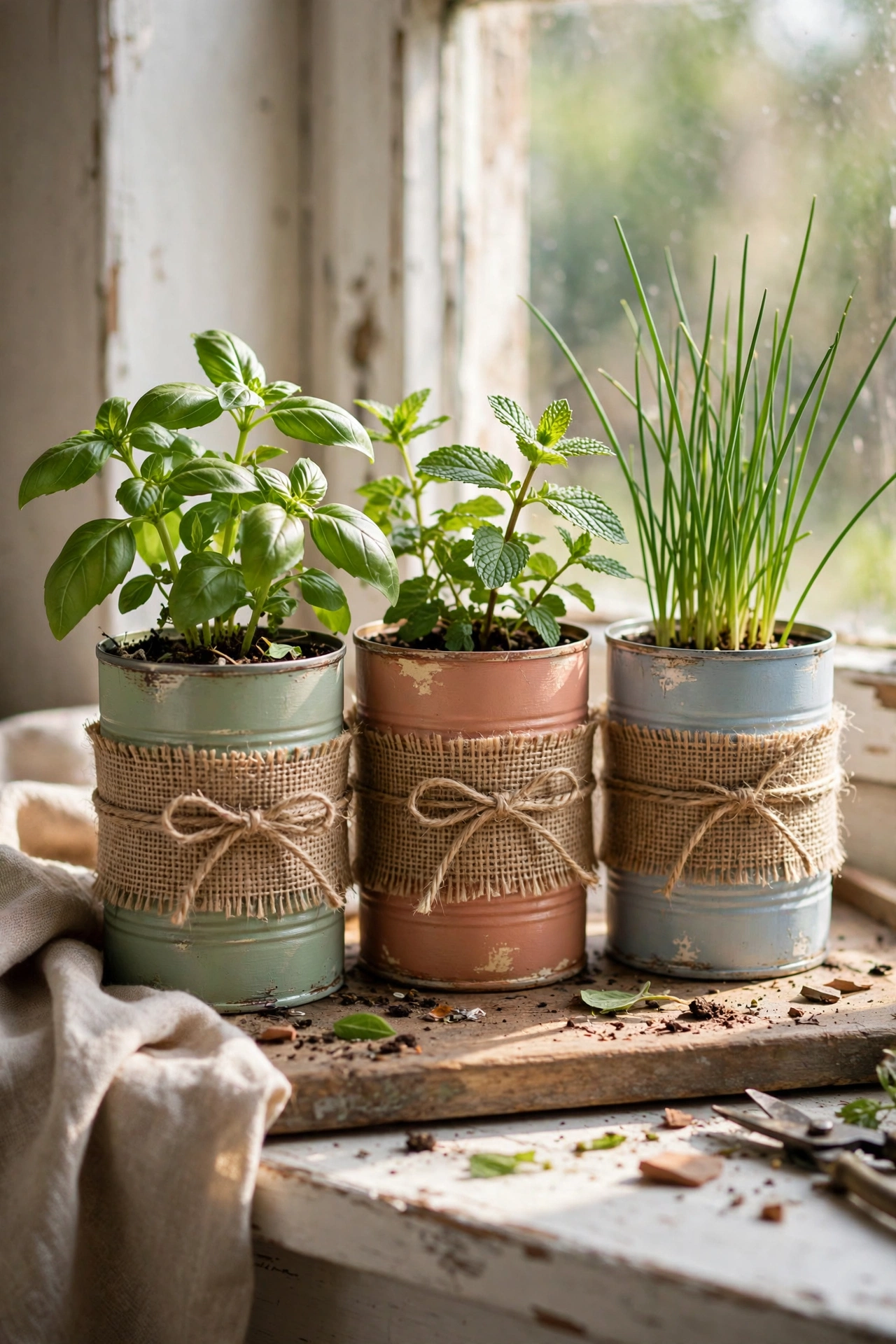 Painted tin cans planted with basil and mint on a sunny windowsill