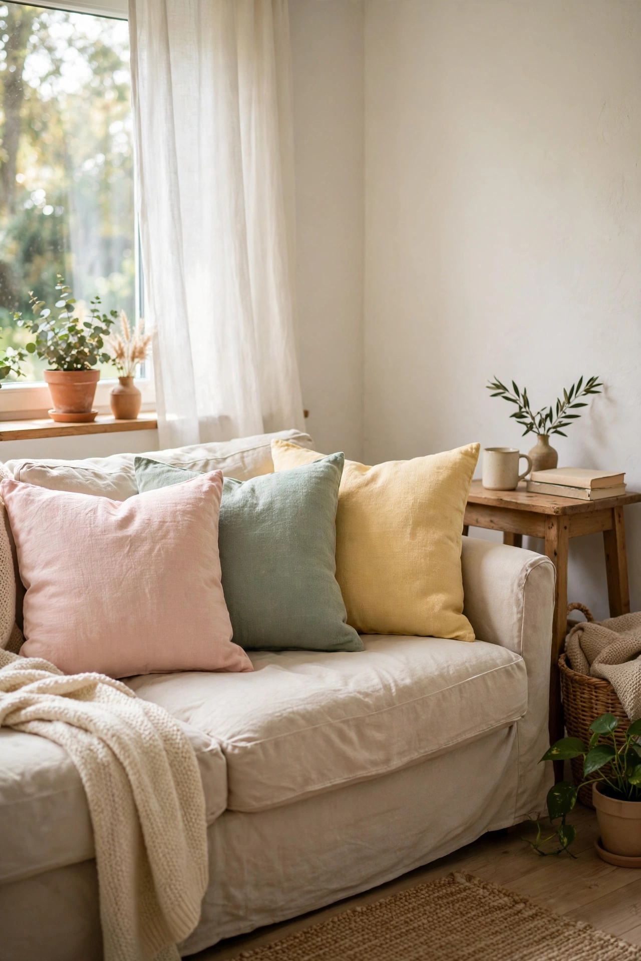 Sofa with pastel cushion covers in blush, sage and butter yellow