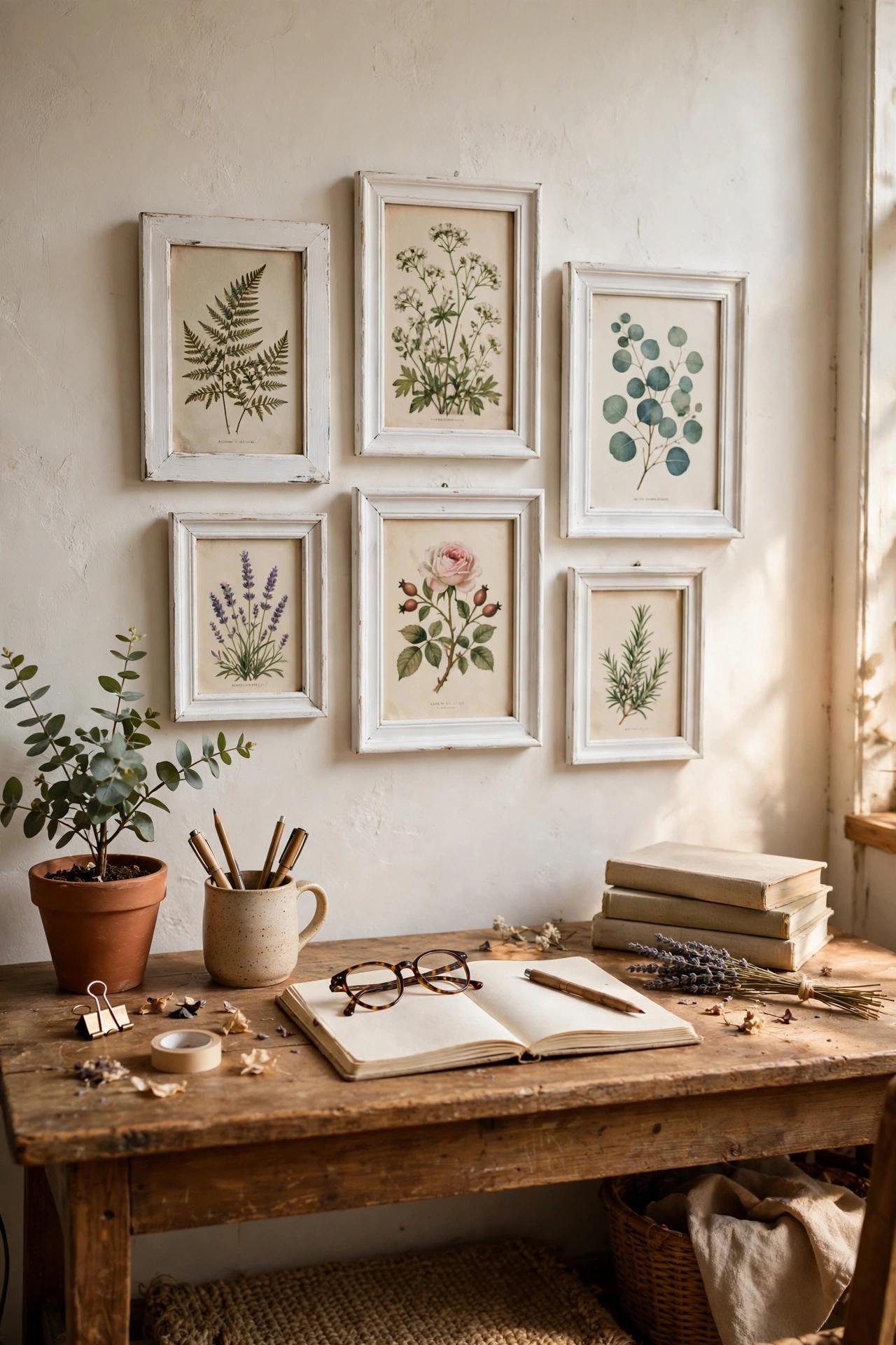 Gallery wall of vintage botanical prints in white spray-painted frames
