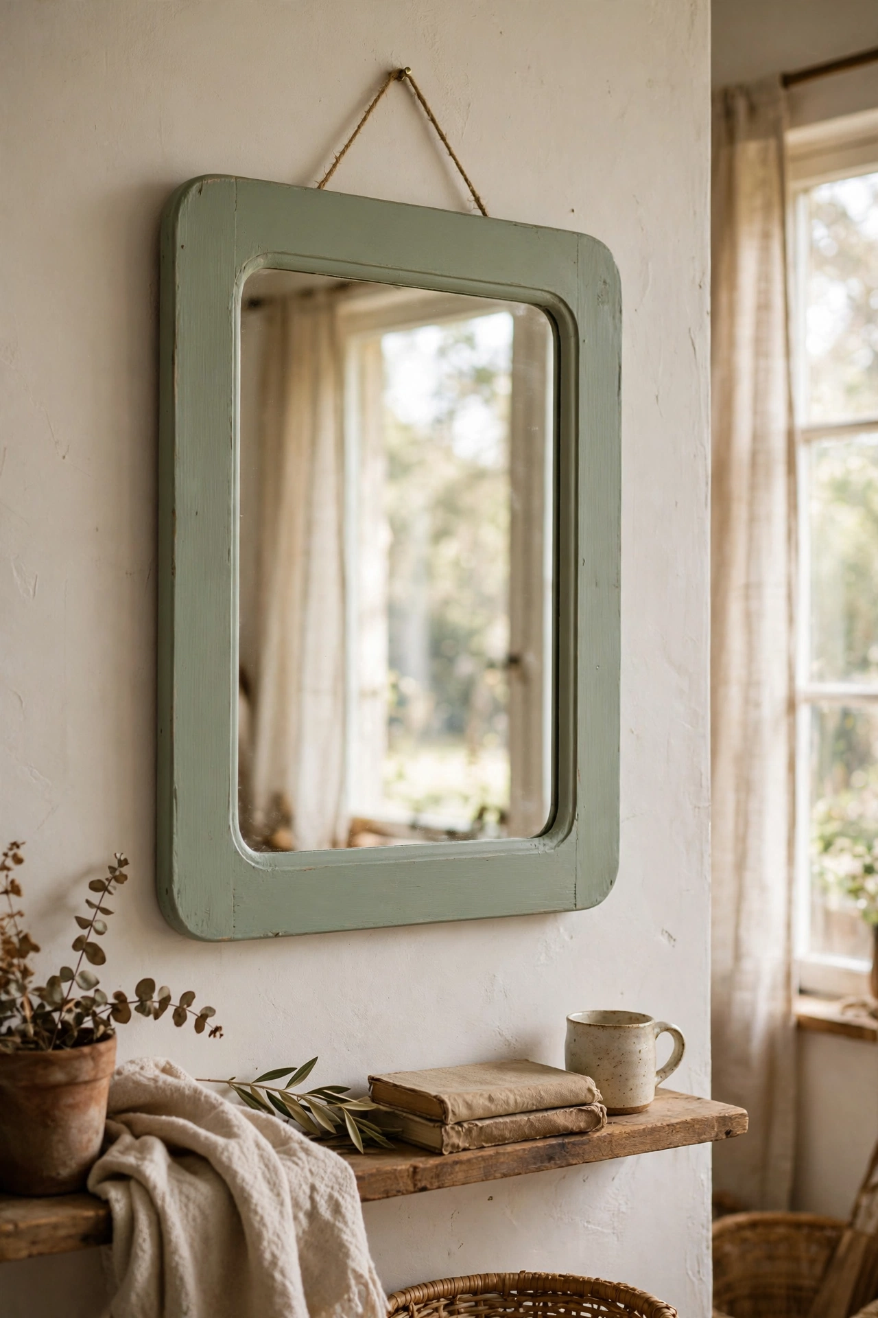 Wooden mirror with frame painted sage green hanging opposite a window