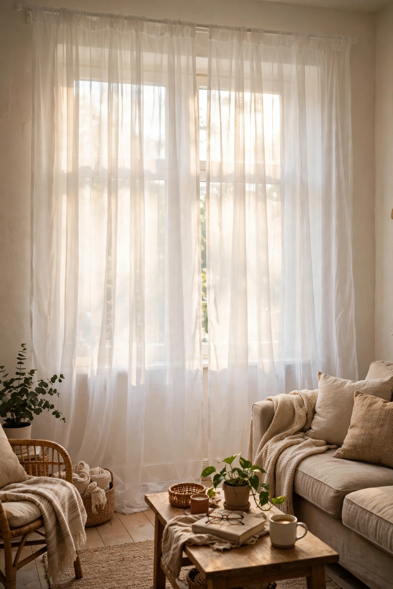 Sheer white voile curtain panels letting daylight into a living room