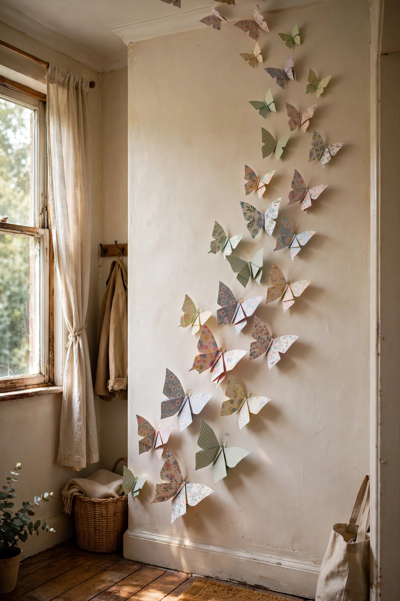 Paper butterflies in pastel patterns trailing up a hallway wall