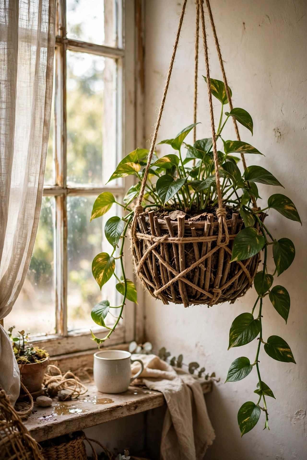Rustic twig hanging planter with trailing pothos by a bright window