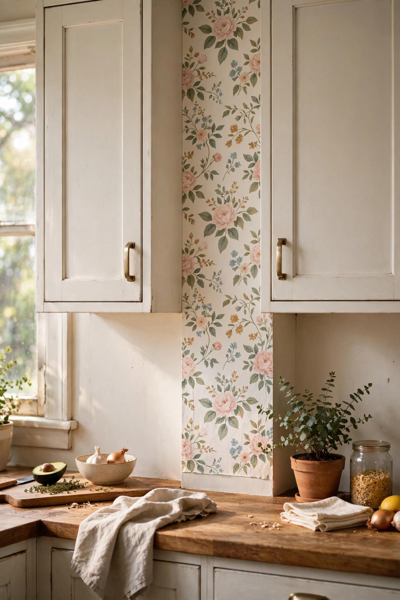 Kitchen backsplash accent strip of floral peel-and-stick wallpaper